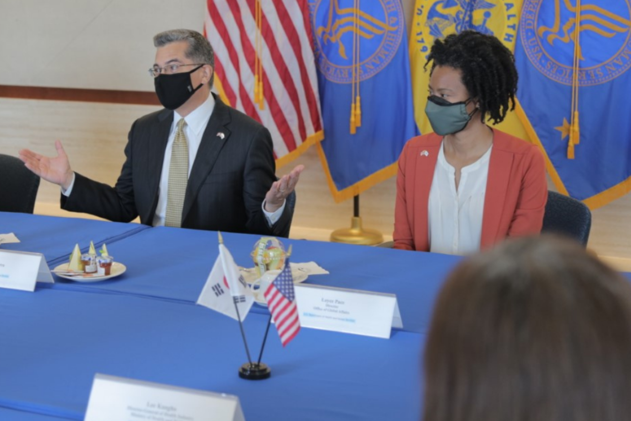 Health and Human Services (HHS) Secretary Xavier Becerra and HHS Director of the Office of Global Affairs Loyce Pace meeting with Mr. Kwon Deok-cheol, Minister of Health of the Republic of Korea at the G7 conference May 2021 at HHS