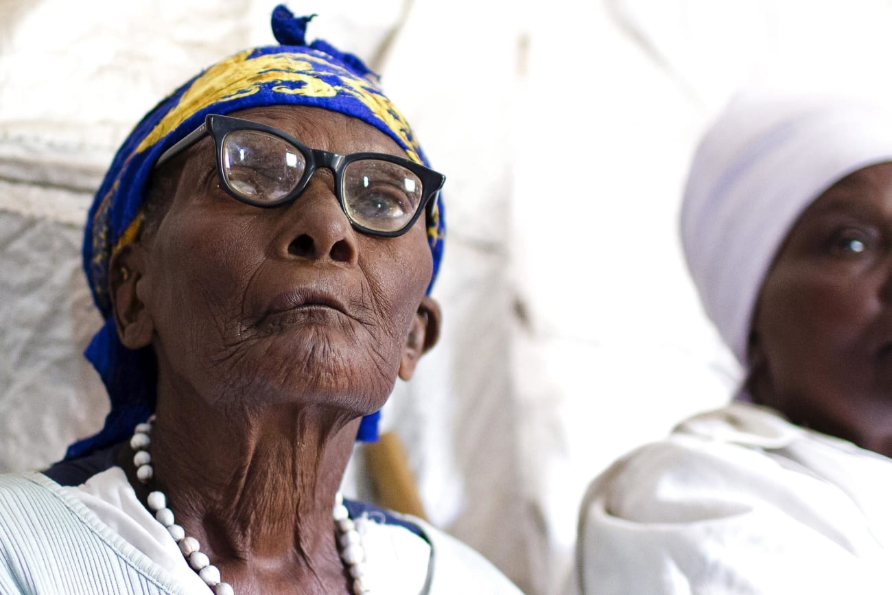 An elderly woman attends a class run by the Ujamaa self-defense program.