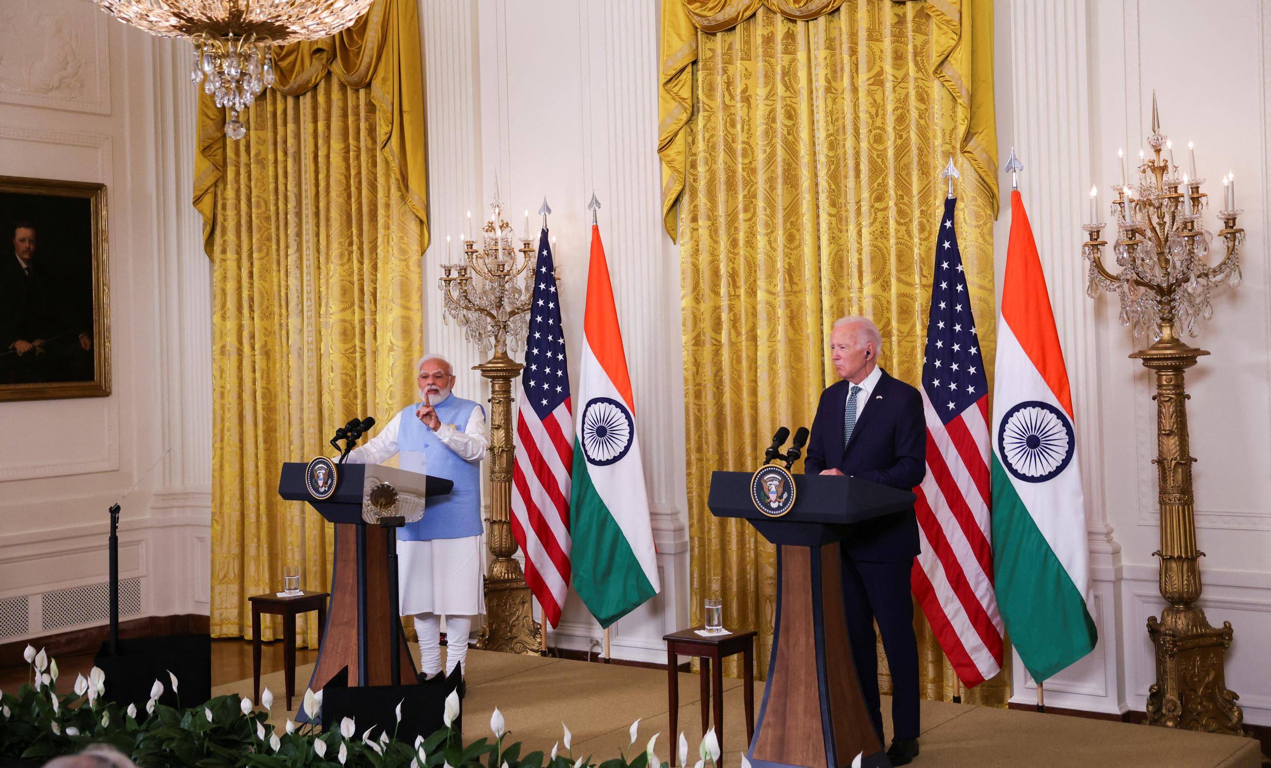 India's Prime Minister Narendra Modi answers a question during a joint press conference with U.S. President Joe Biden at the White House in Washington, U.S., June 22, 2023.