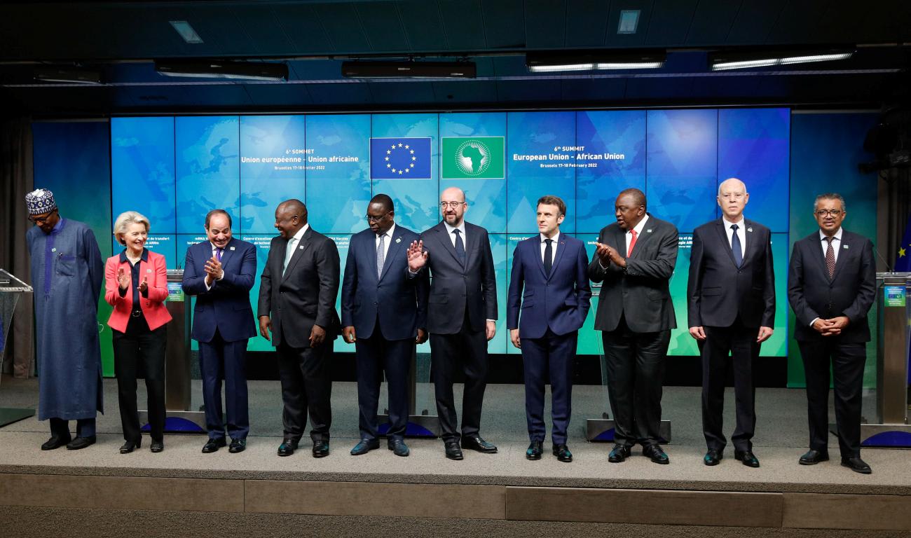 Officials give a statement on the COVID-19 vaccination, during a European Union-African Union summit.