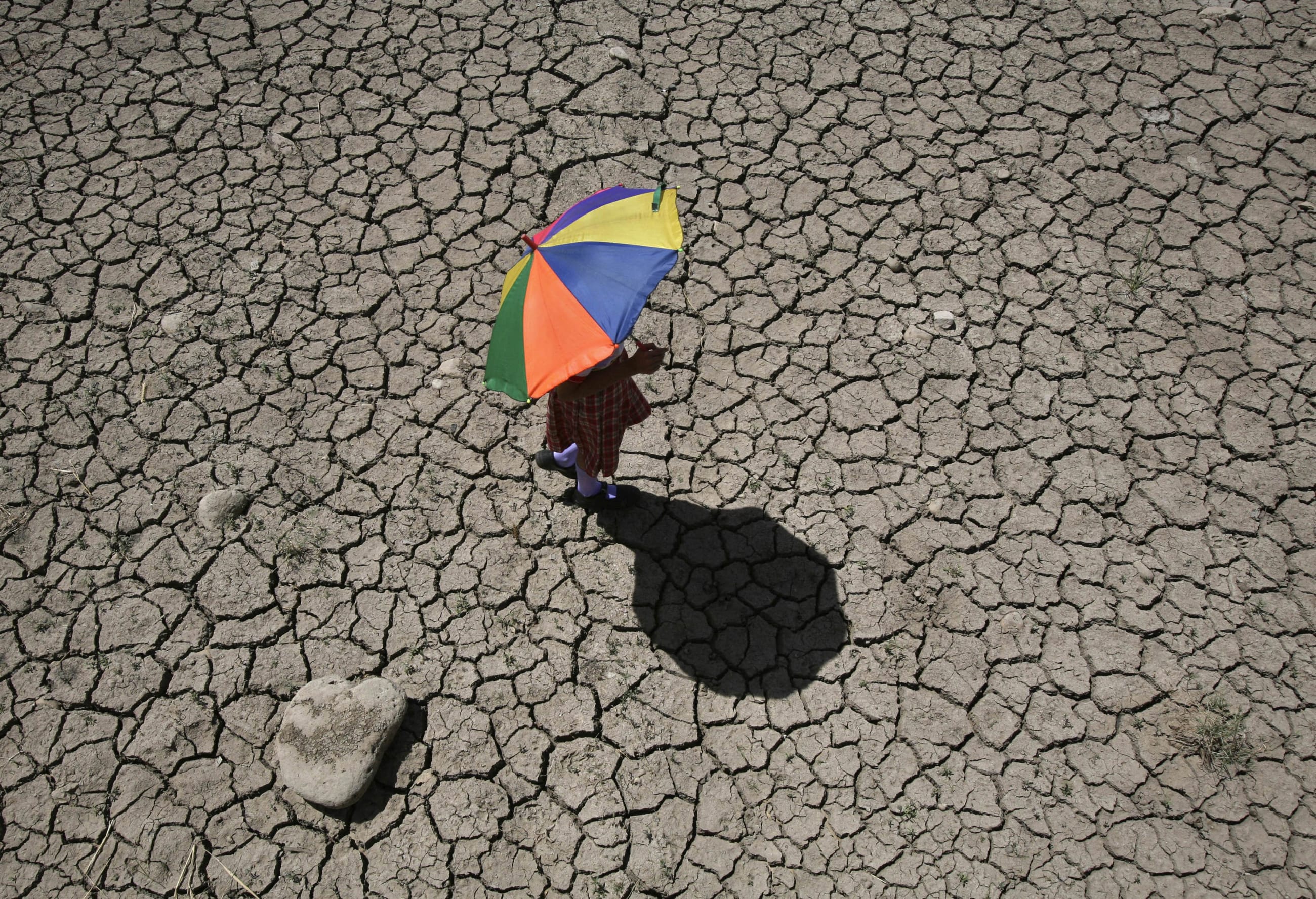 A schoolgirl crosses a dry pond on the outskirts of Jammu April 23, 2010. 