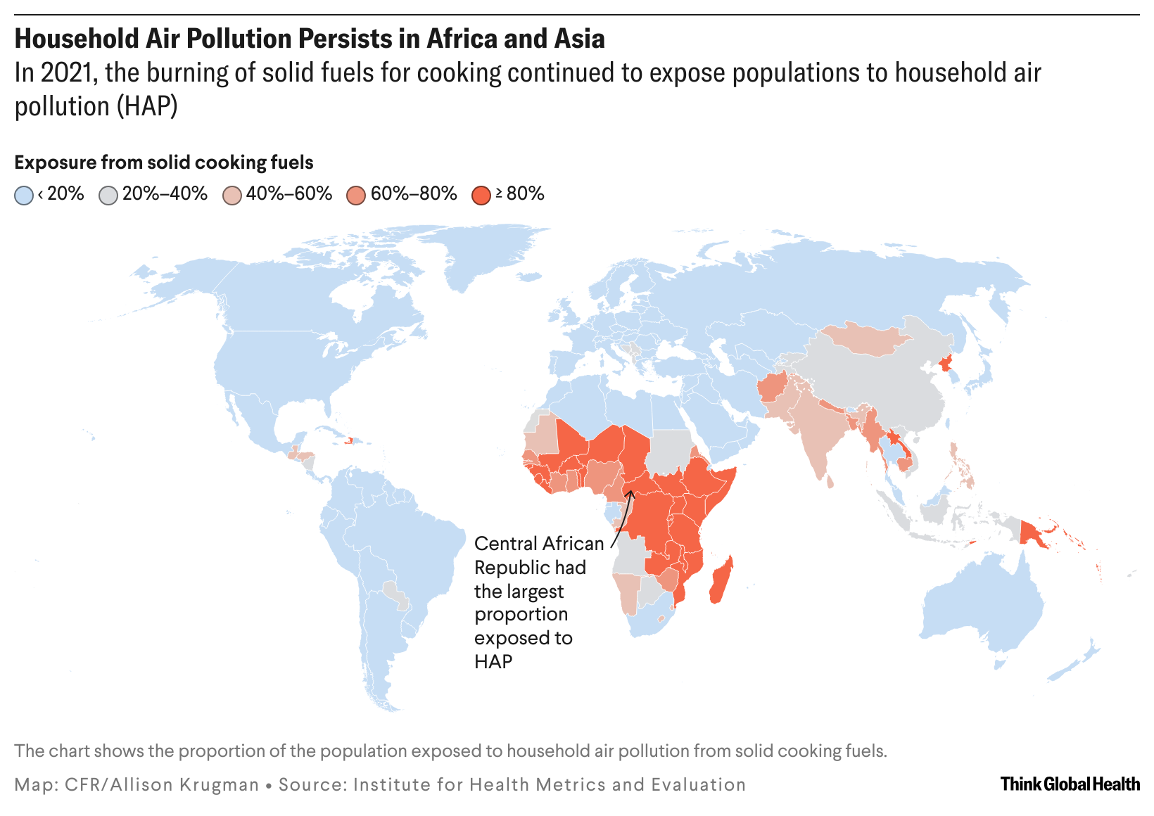 A world map showing household air pollution hotspots. Most polluted areas span across sub-Saharan Africa and parts of South Asia 