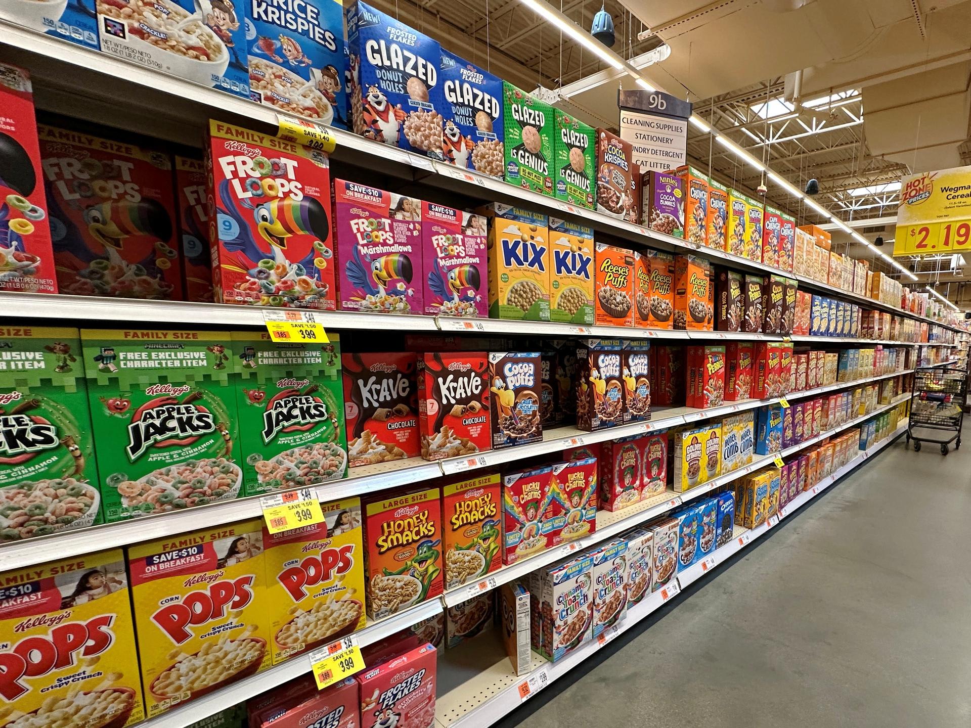Breakfast cereals are displayed for sale at a grocery store, in Medford, Massachusetts, on April 22, 2025.