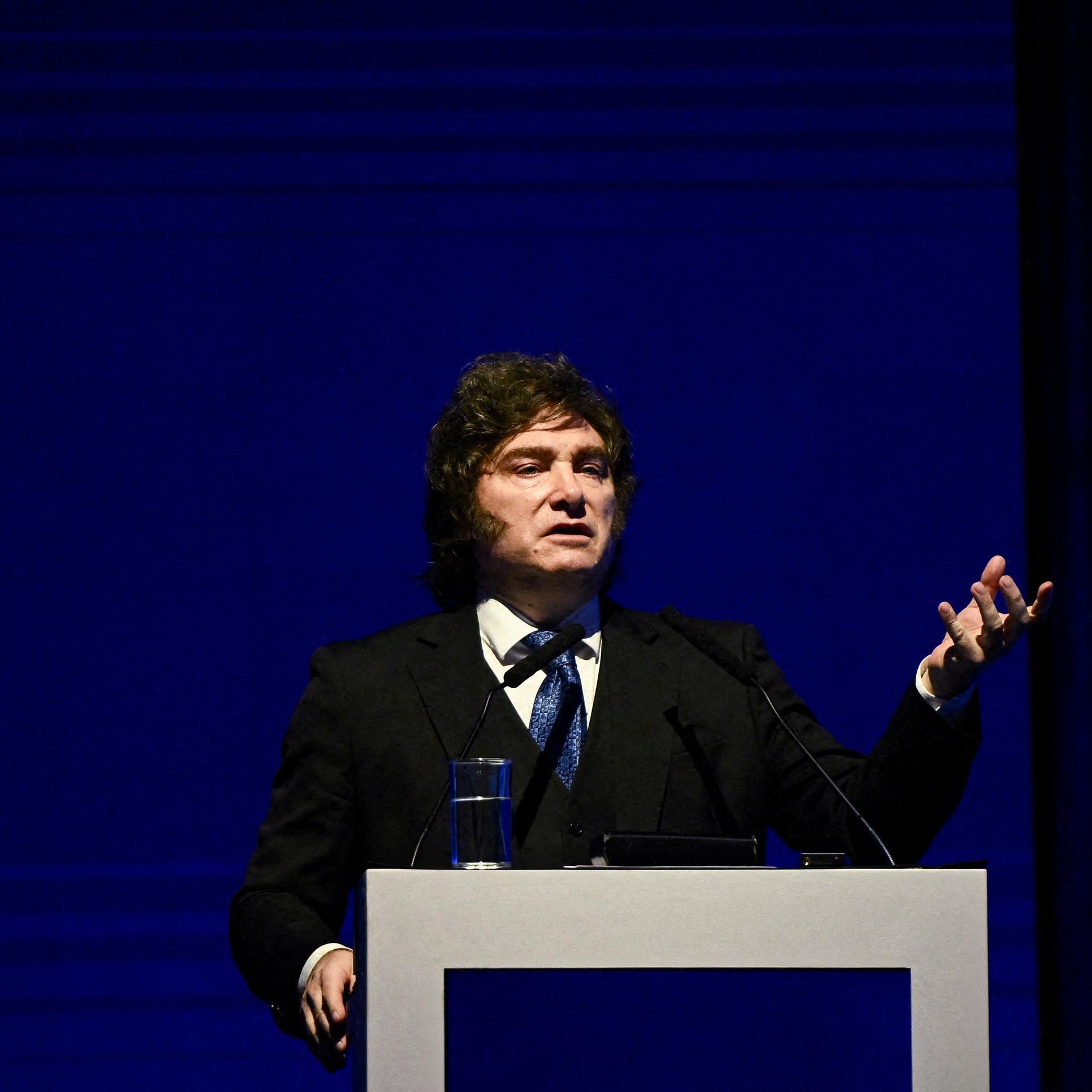 Argentinian President Javier Milei speaks at an event, in Buenos Aires, Argentina, on April 29, 2026.