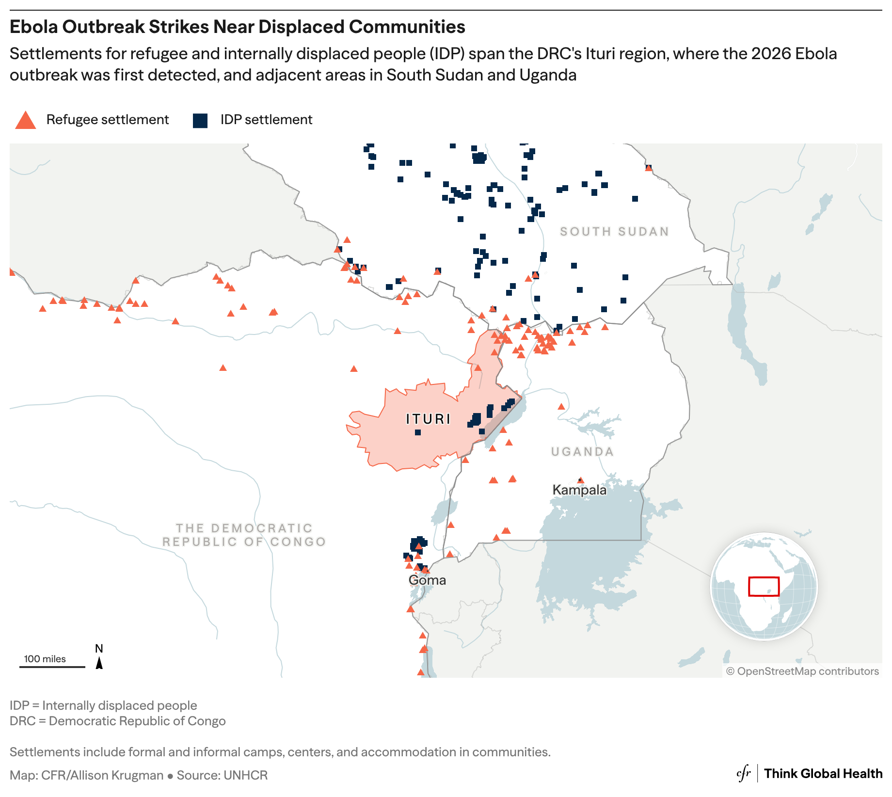 he map shows sites where confirmed or suspected cases of Bundibugyo virus disease have been detected as of May 18, 2026.