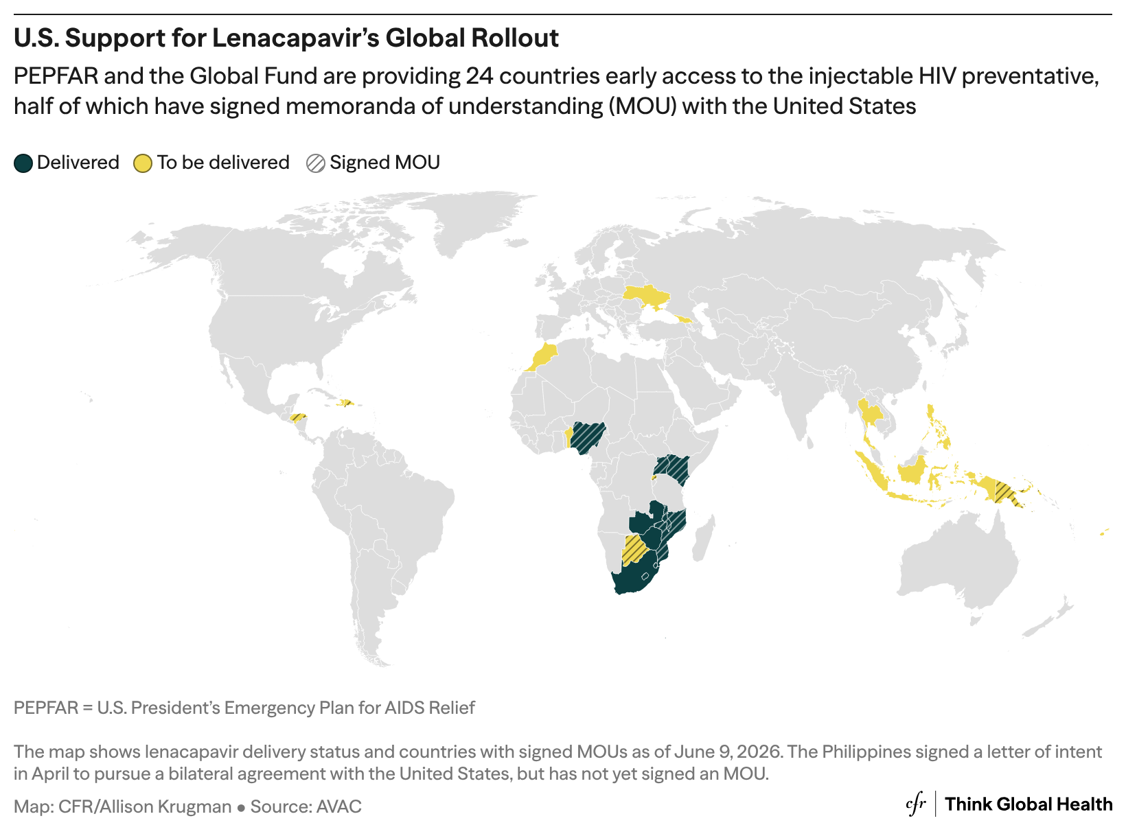 A map showing countries that have early access to lenacapavir