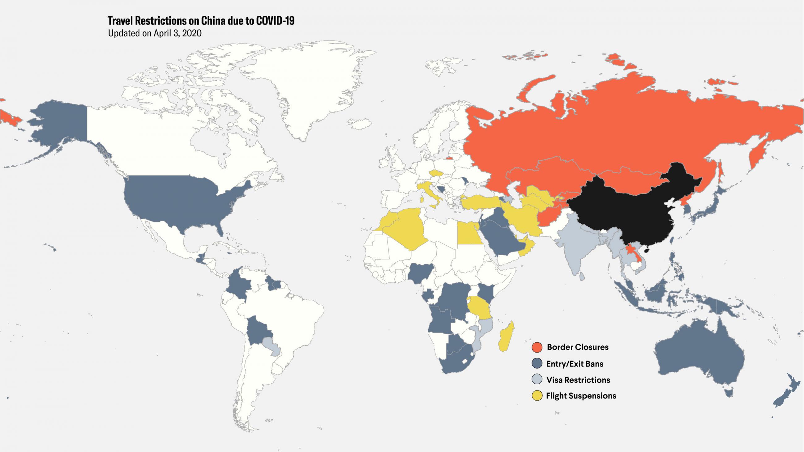 The image is a map of the world showing different countries colored different hues based on four levels of travel restrictions.