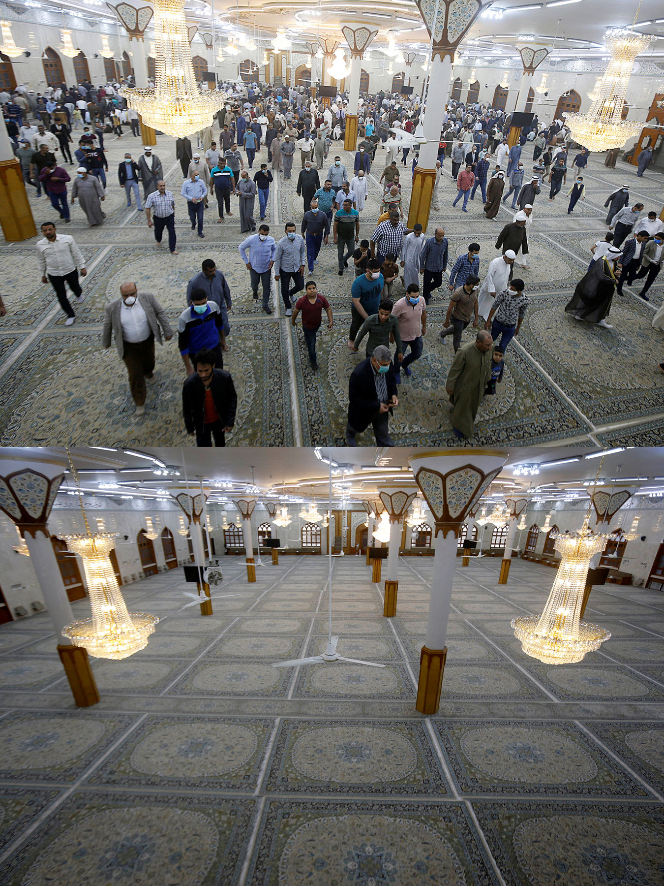 This is a combination picture with the same angle shown. The top picture is bustling with a large crowd and the bottom picture is empty. 