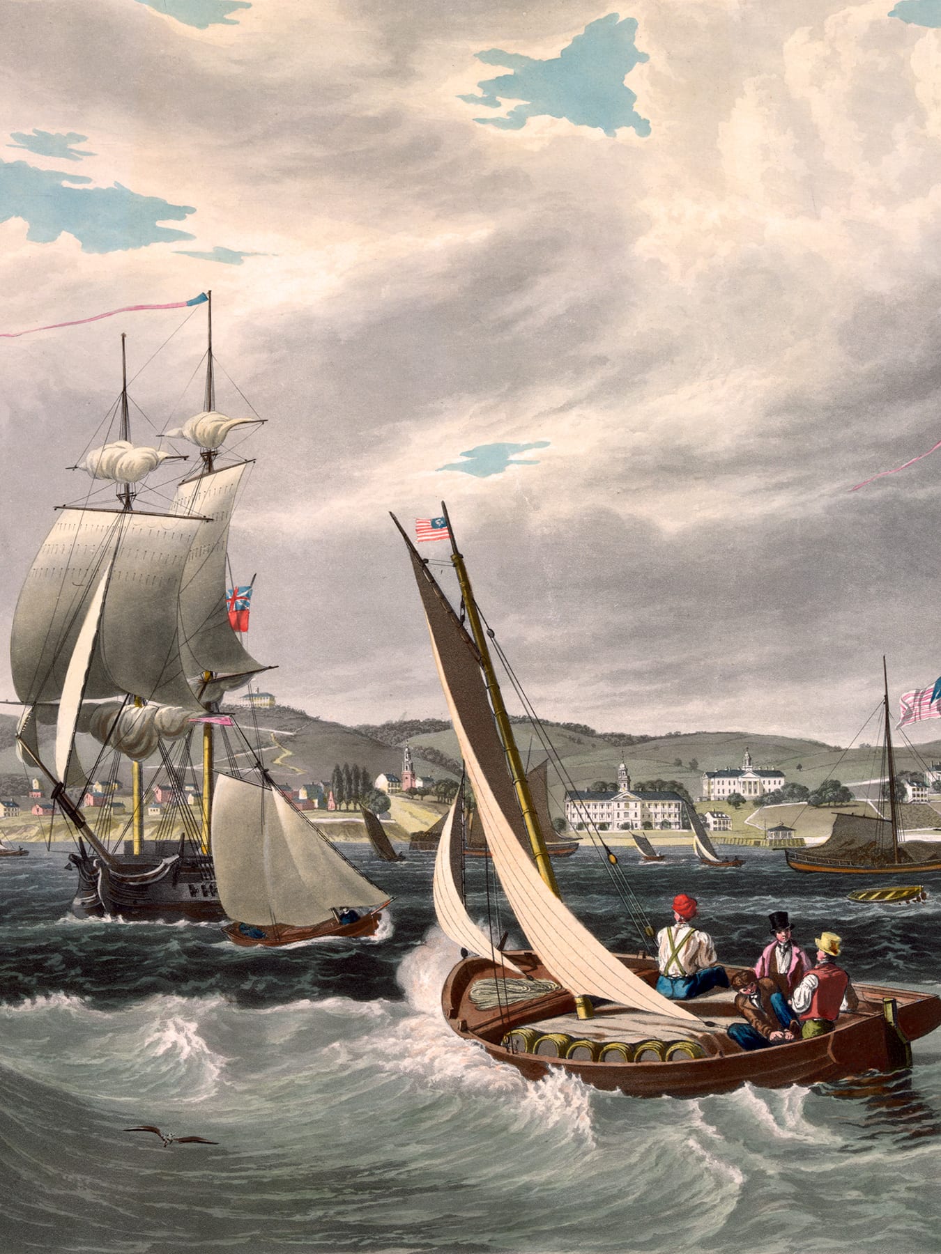 The image is an oil painting showing a bustling waterway with lots of tall ships with sails lowered and smaller vessels ferrying cargo to them.