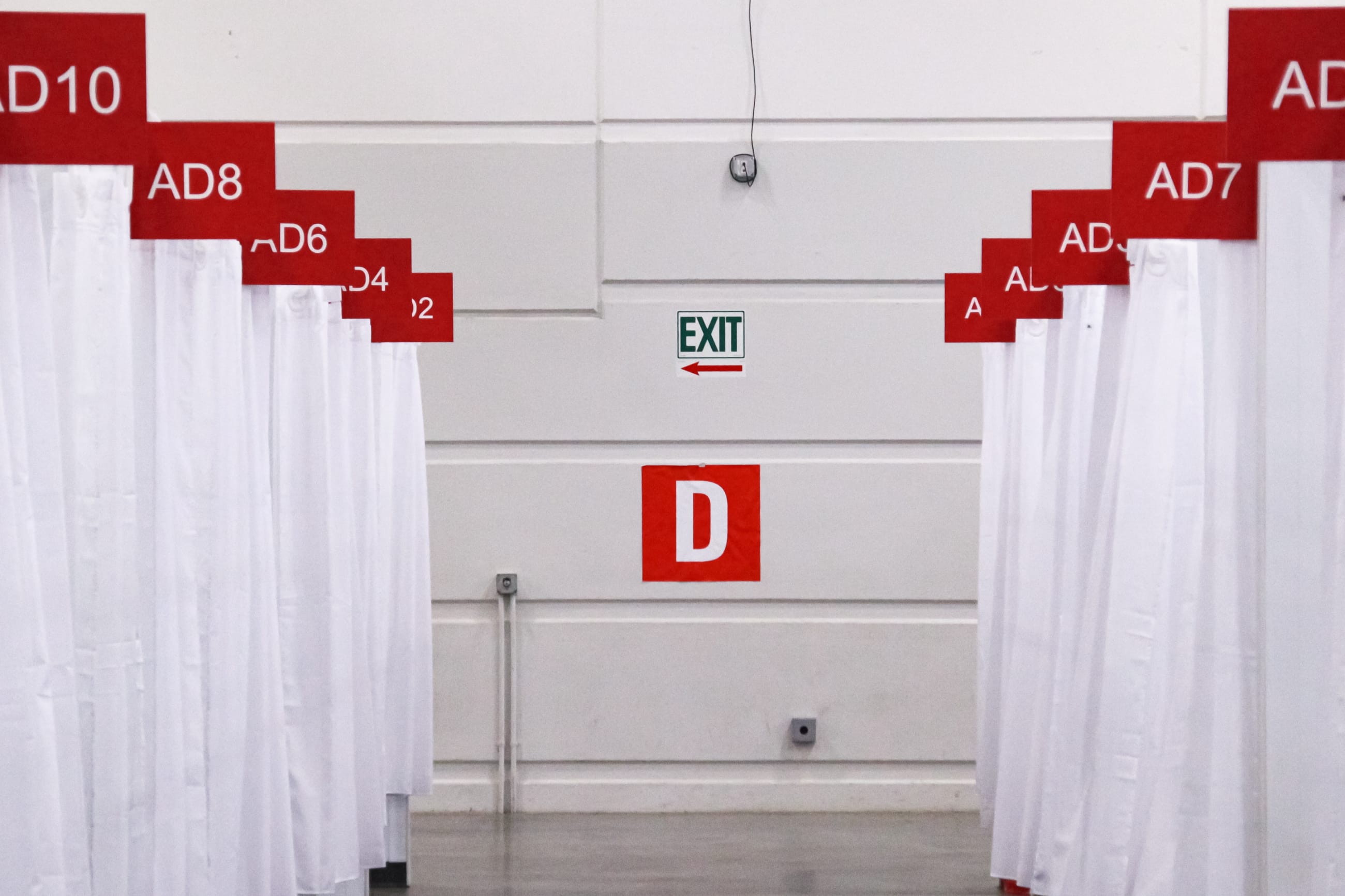 A view shows a patient floor hall of an field hospital known as an Alternate Care Facility set up at the state fair ground as cases of COVID-19 cases spike in Wisconsin on October 12, 2020.