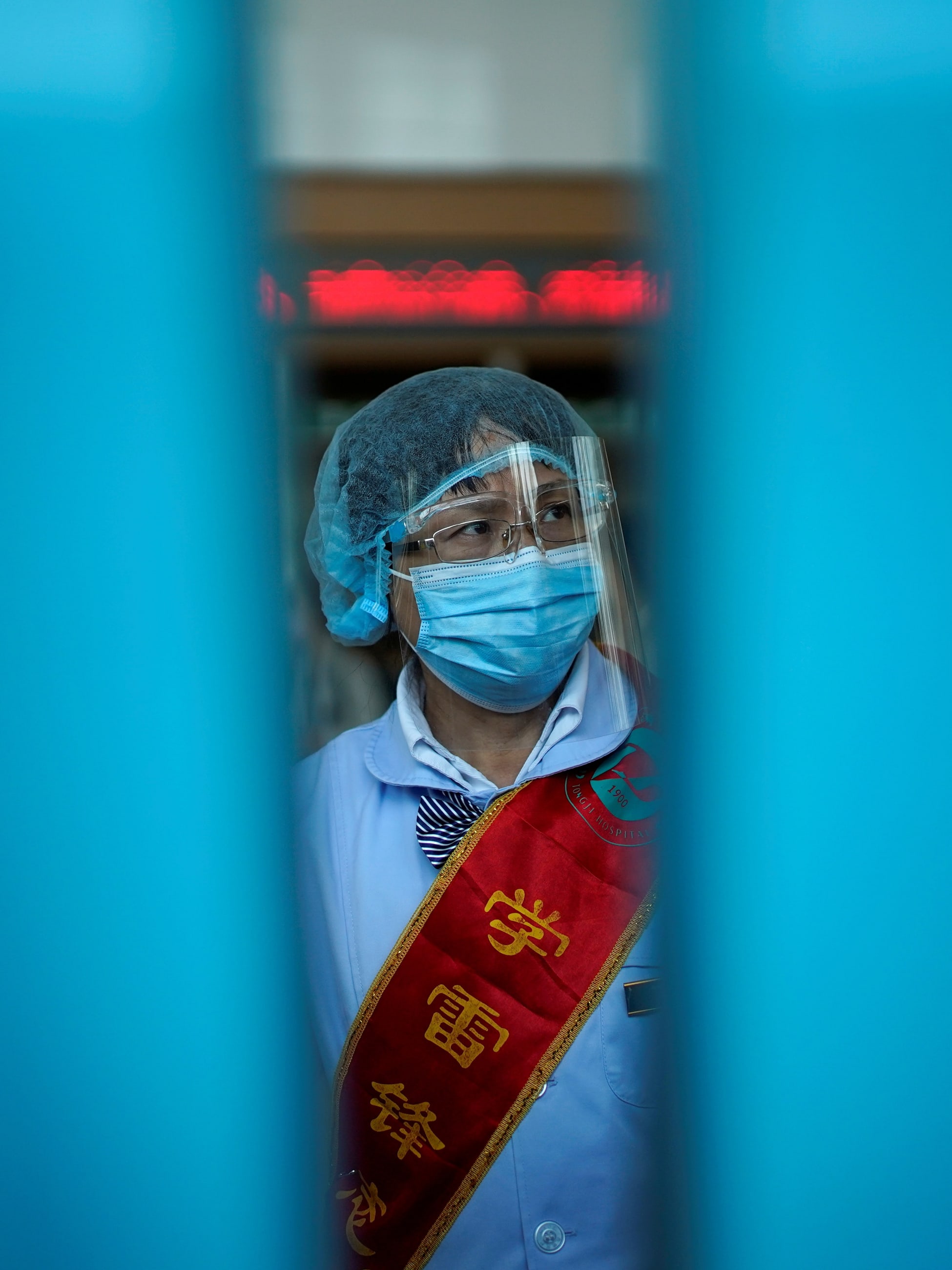 September 03, 2020 A worker wears a mask and a face shield during a government organised media tour at Tongji Hospital following the coronavirus disease (COVID-19) outbreak, in Wuhan, Hubei province, China September 3, 2020. 