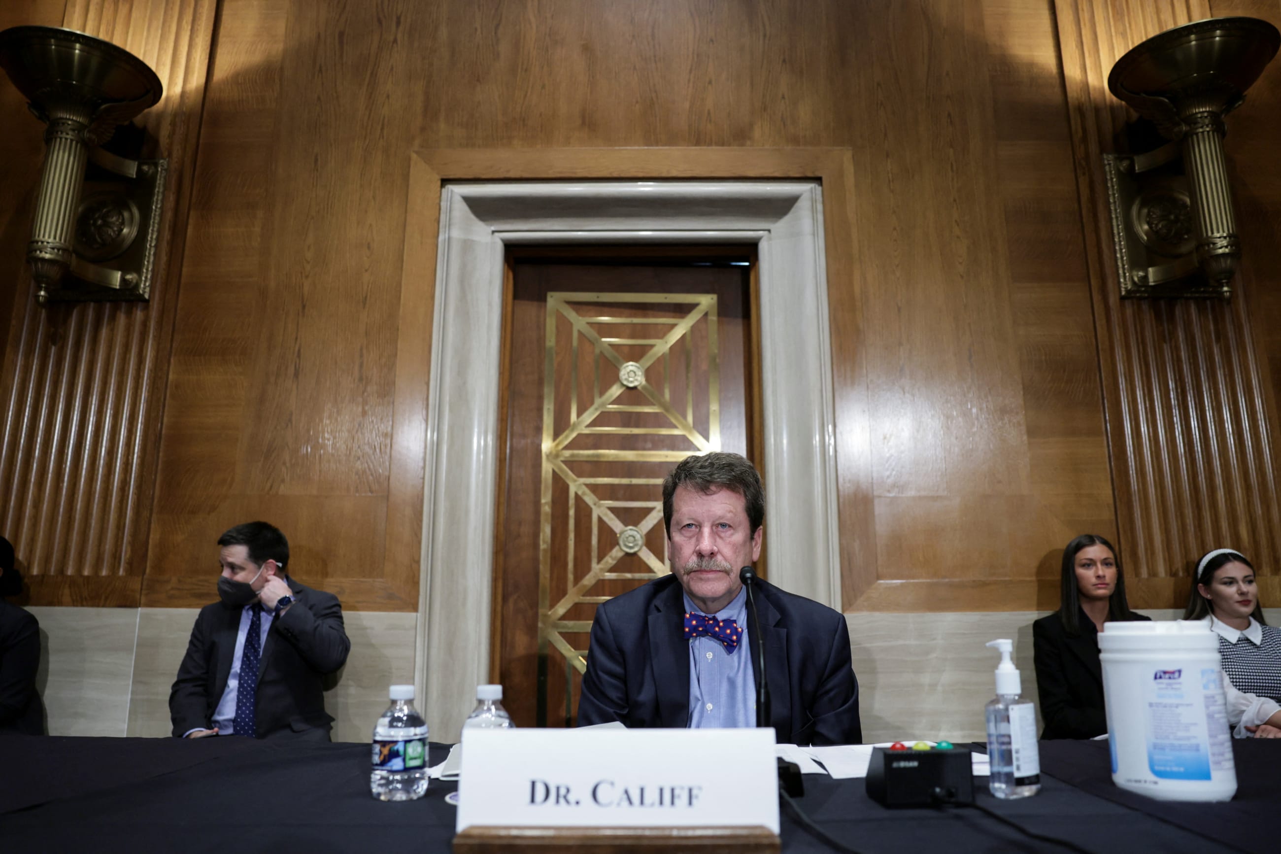 FDA Commissioner Robert Califf wear a dark blue navy suit and light blue shirt in the Senate on Capitol Hill in Washington DC