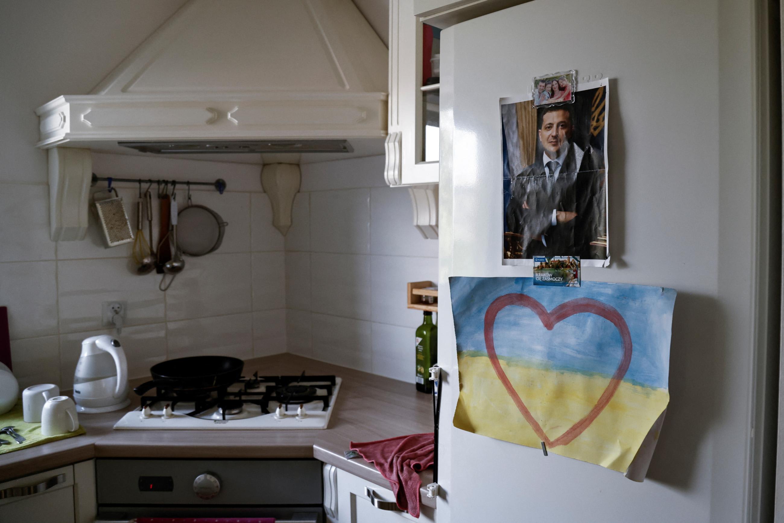 A poster of Ukrainian President Volodymyr Zelensky is pined on a refrigerator at Tatiana Afanasieva's flat in Poznan, Poland August 18, 2022.