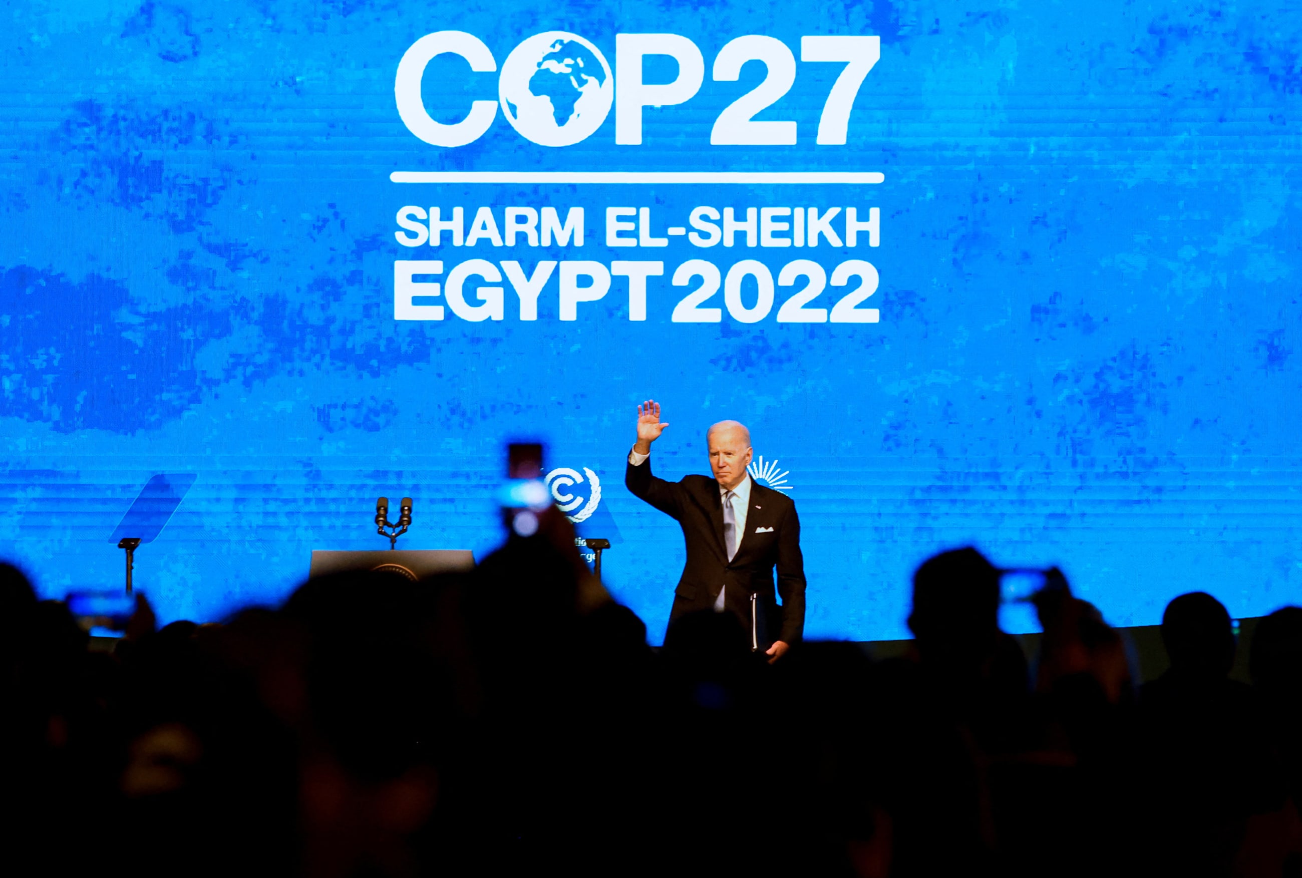 U.S. President Joe Biden gestures on stage at COP27 climate summit, in Sharm el-Sheikh, Egypt, November 11, 2022.