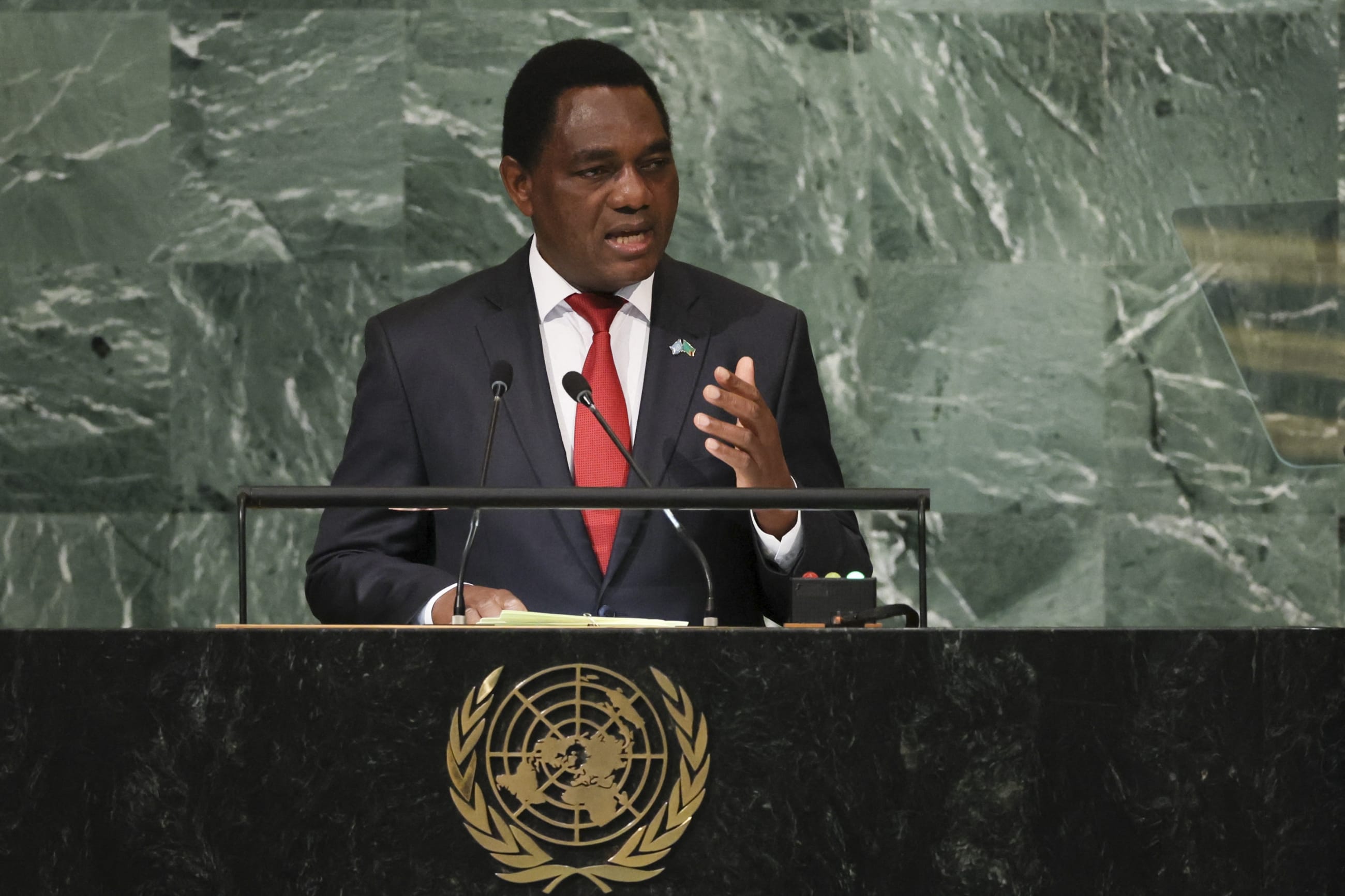 Zambia's President Hakainde Hichilema addresses the 77th Session of the United Nations General Assembly at UN Headquarters in New York City, on September 21, 2022. 