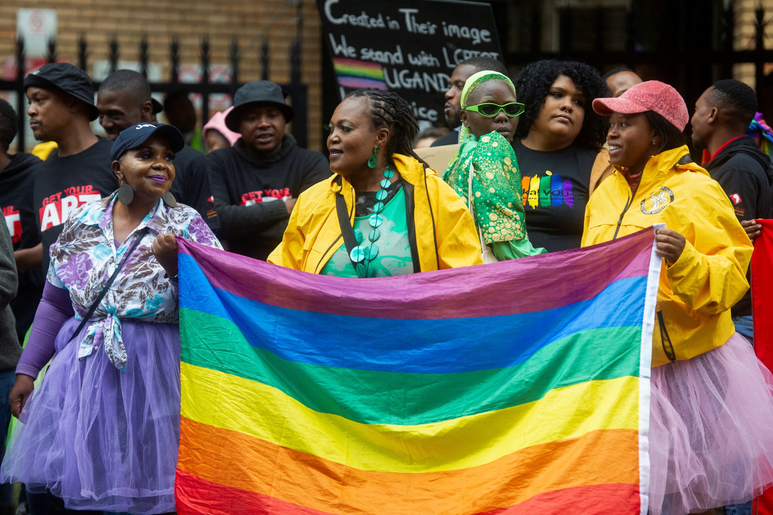 People demonstrate against the proposed new Ugandan antigay legislation, which makes homesexuality illegal and punishable by harsh sentences for people identifying as LGBTQ+ in Pretoria, South Africa, on March 31, 2023