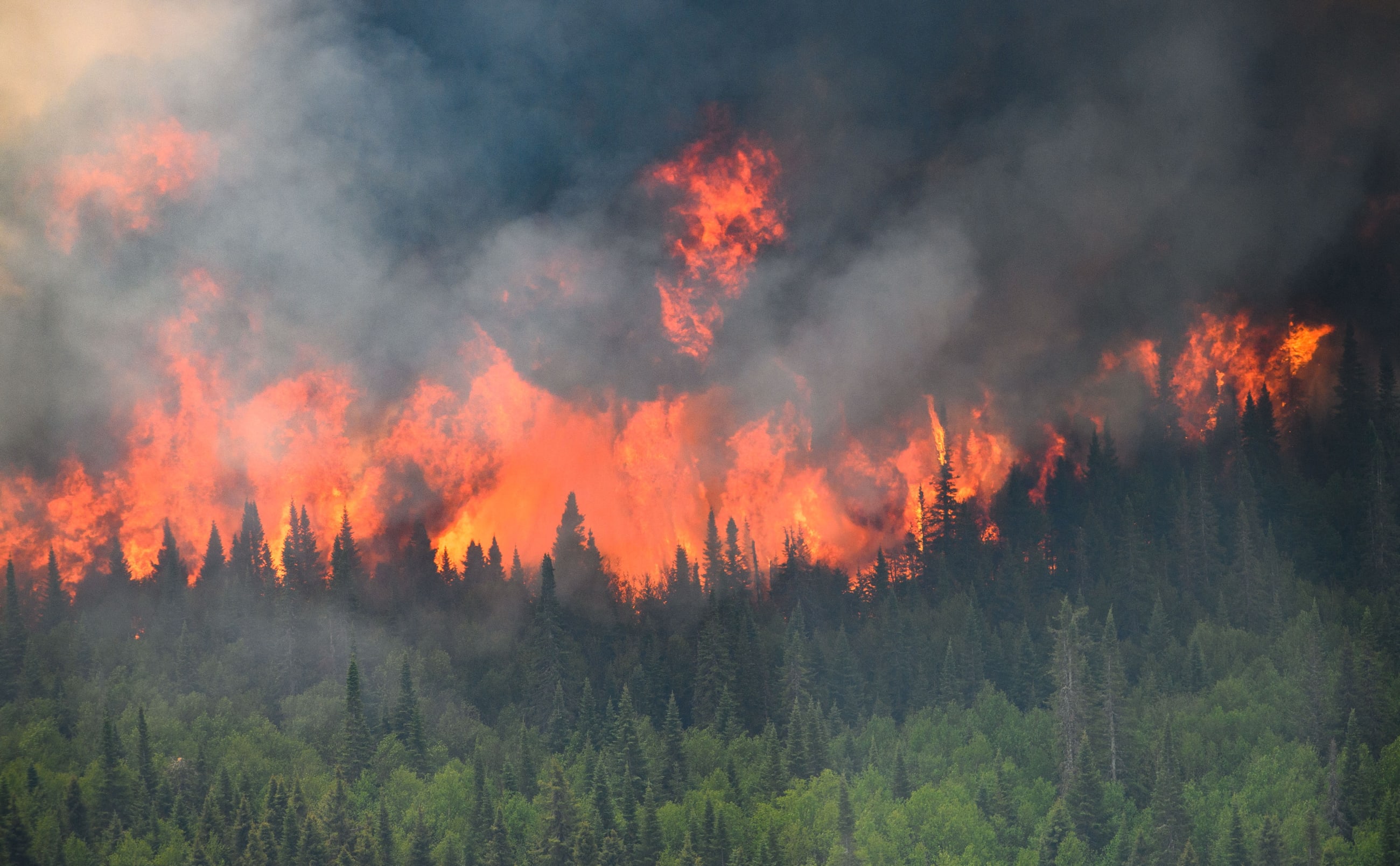 Flames reach upward along the edge of a wildfire as seen from a Canadian Forces helicopter surveying the area near Mistissini, Quebec, on June 12, 2023.