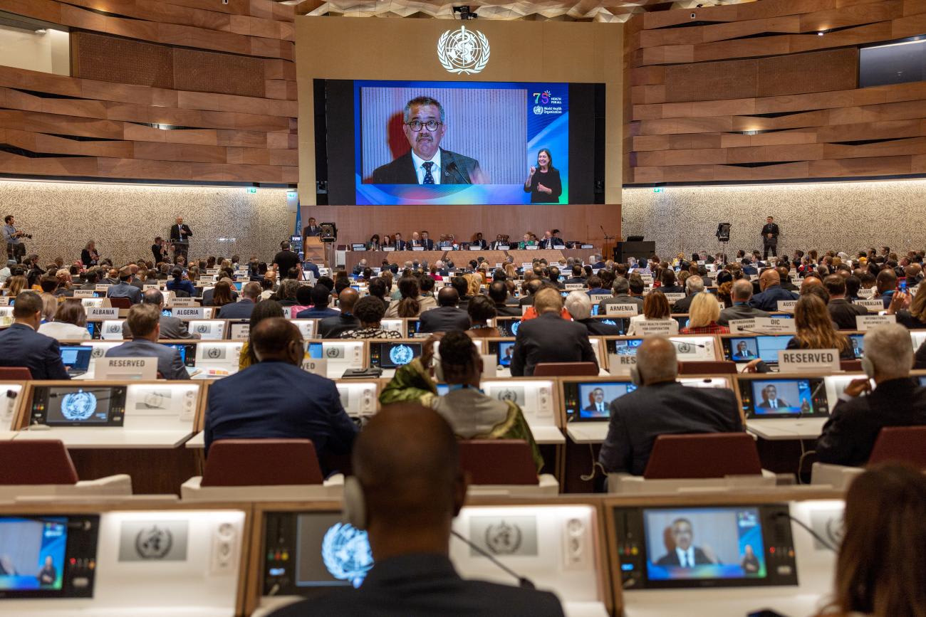 Director-General of the World Health Organization Dr. Tedros Adhanom Ghebreyesus and President of Mozambique Filipe Nyusi attend the World Health Assembly, in Geneva, Switzerland, on May 21, 2023.