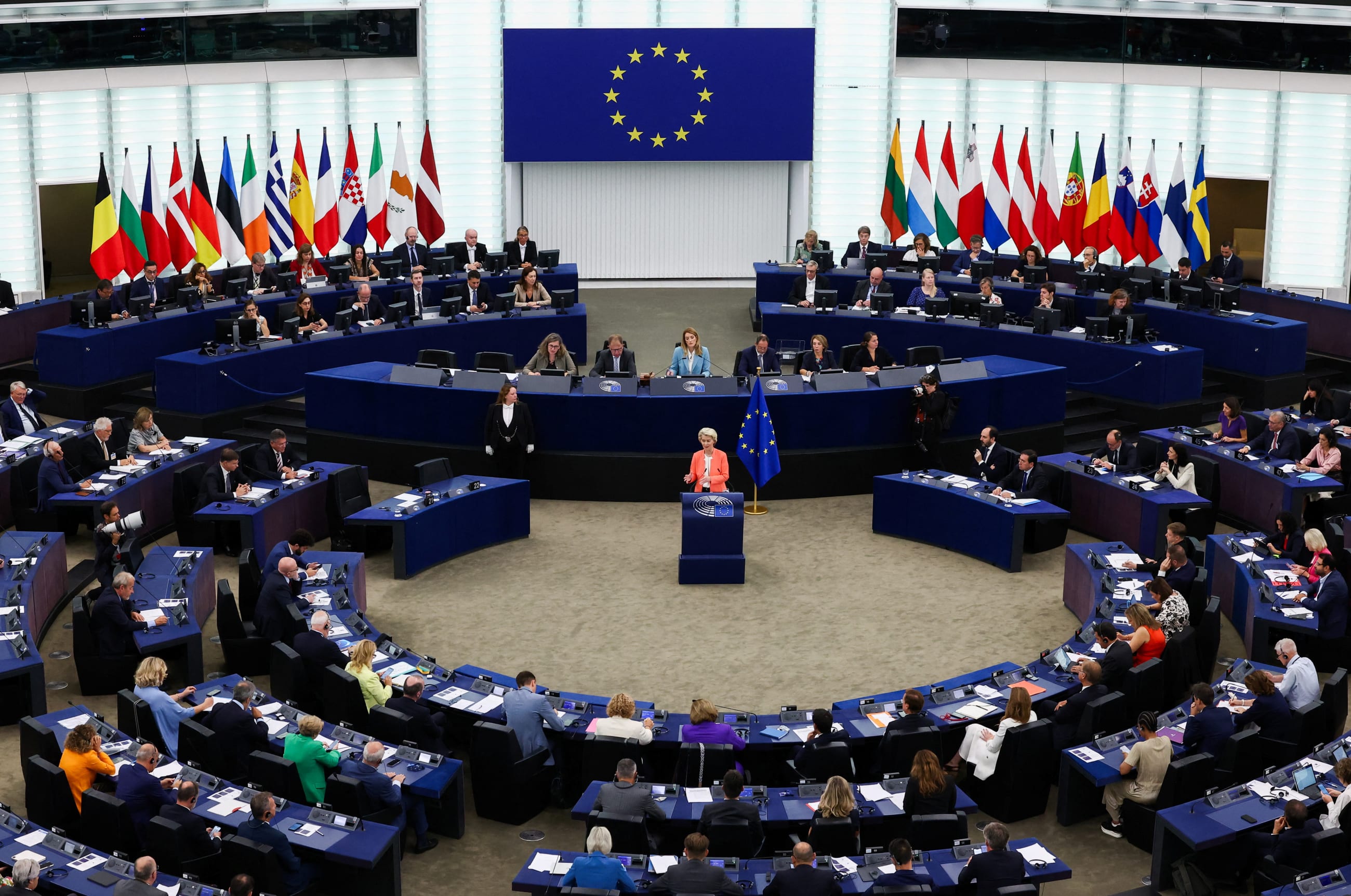 European Commission President Ursula von der Leyen delivers the State of the European Union address to the European Parliament.