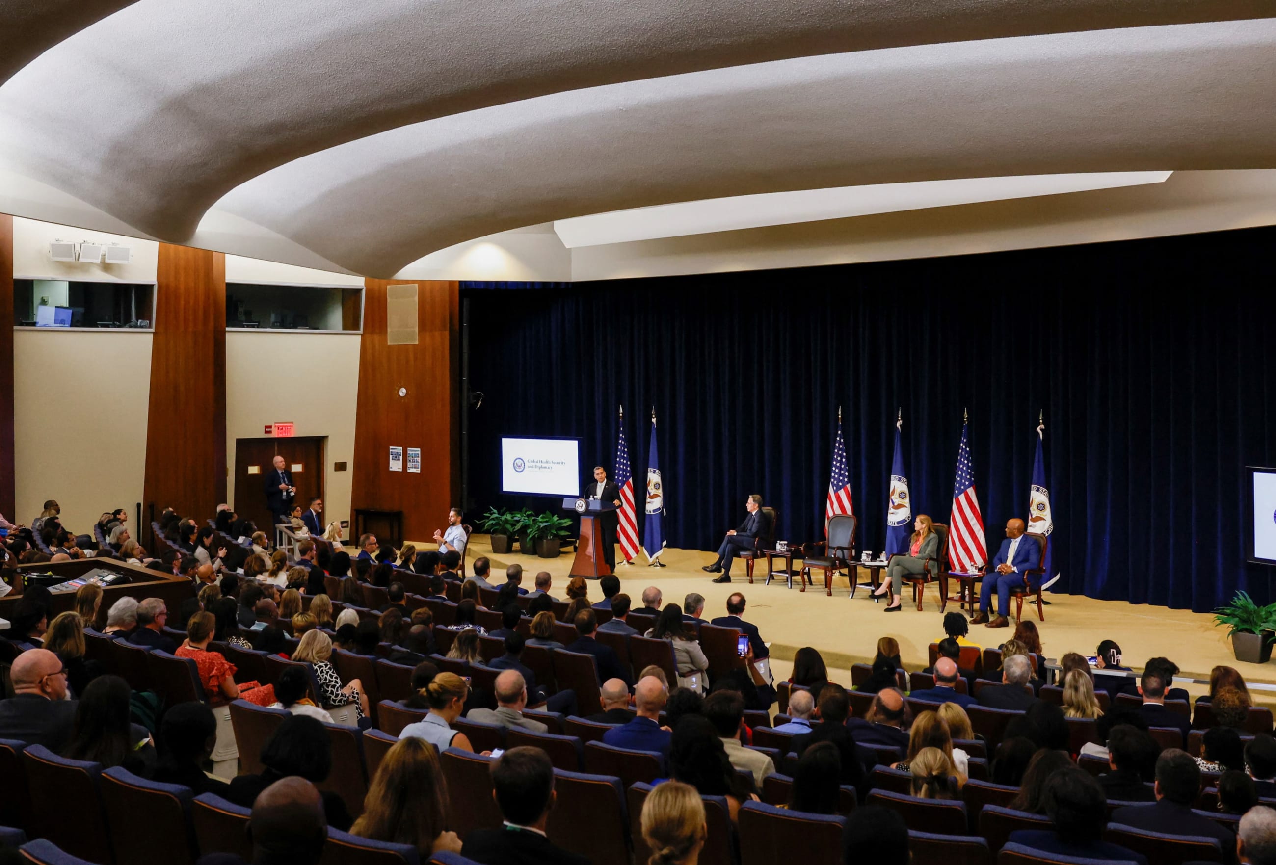 HHS Secretary Xavier Becerra delivers remarks at the launch of the Bureau of Global Health Security and Diplomacy at the State Department.