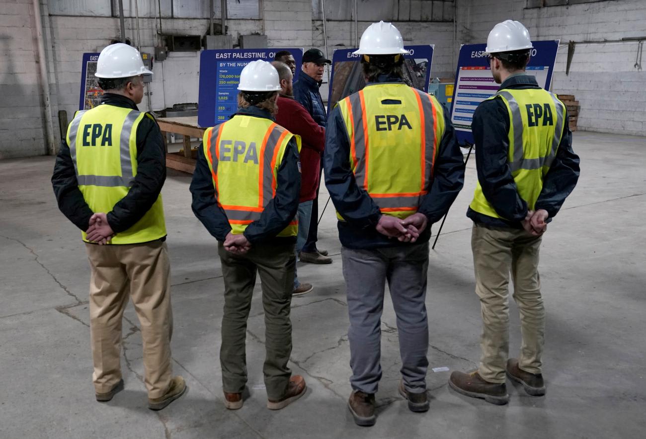 Environmental&nbsp;Protection&nbsp;Agency&nbsp;workers wait to meet with U.S. President Joe Biden during his visit to East Palestine, Ohio.