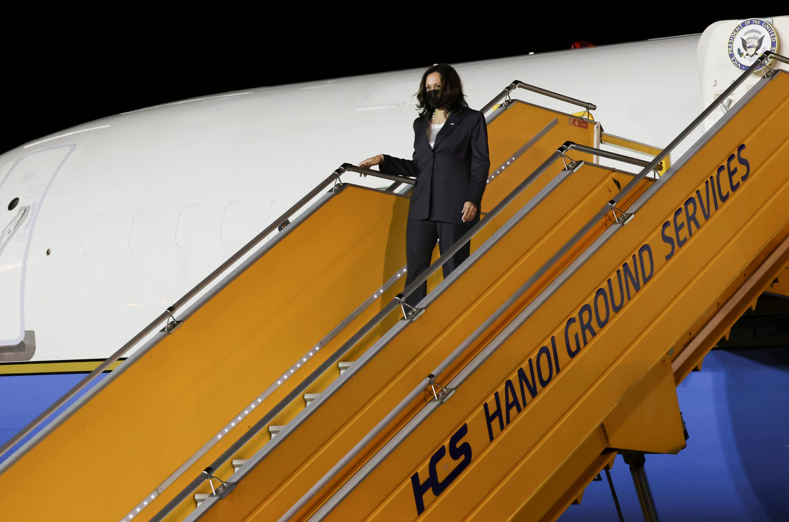 .S. Vice President Kamala Harris leaves her plane as she arrives at the airport in Hanoi, Vietnam, August, 24, 2021.