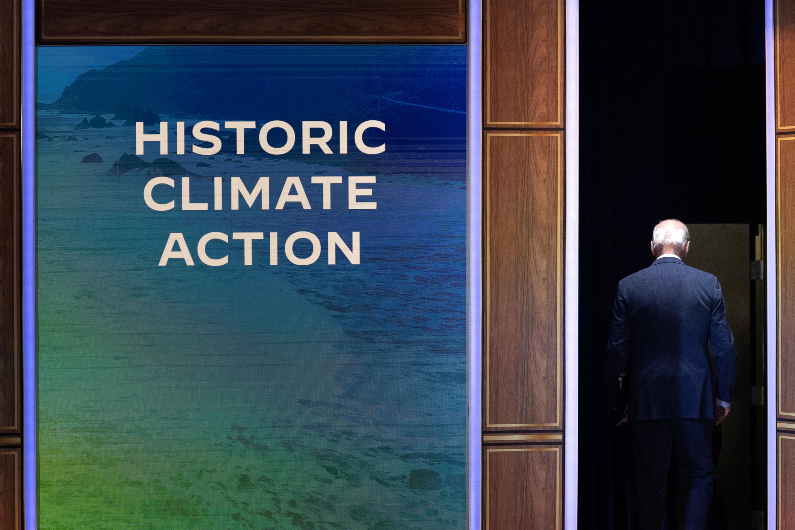 U.S. President Joe Biden walks off stage following his remarks on the White House initiative on&nbsp;climate&nbsp;change.