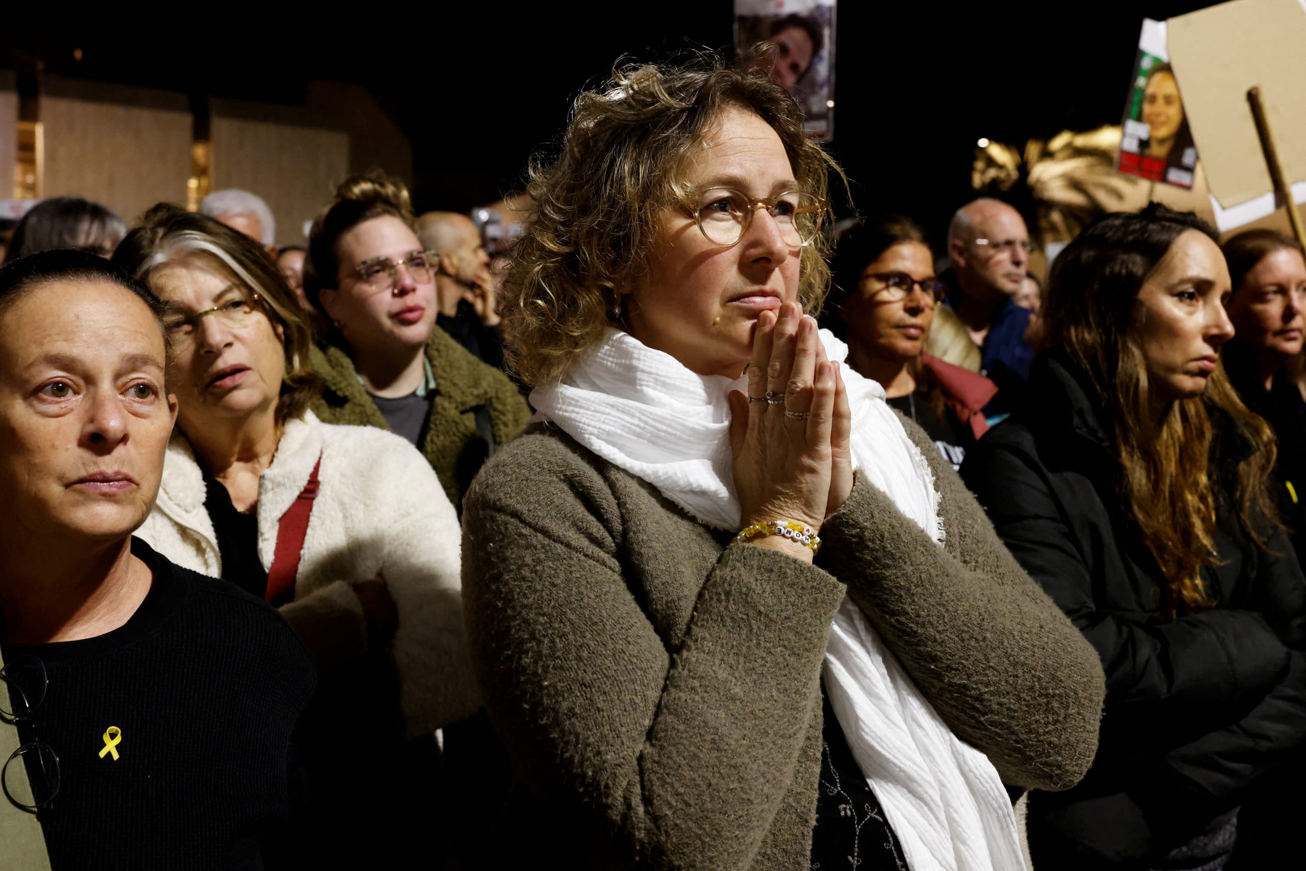 Supporters, friends, and family members of hostages kidnapped during the October 7 attack take part in an event called "Unite for Mental Health.".