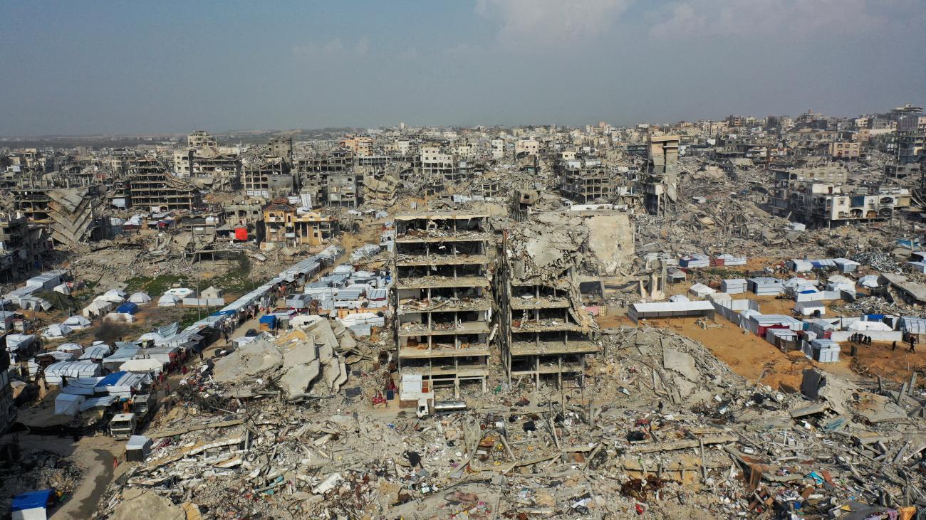 A drone view shows destroyed houses, amid a ceasefire between Israel and Hamas, in Beit Hanoun, in the northern&nbsp;Gaza&nbsp;Strip, on March 5, 2025. 