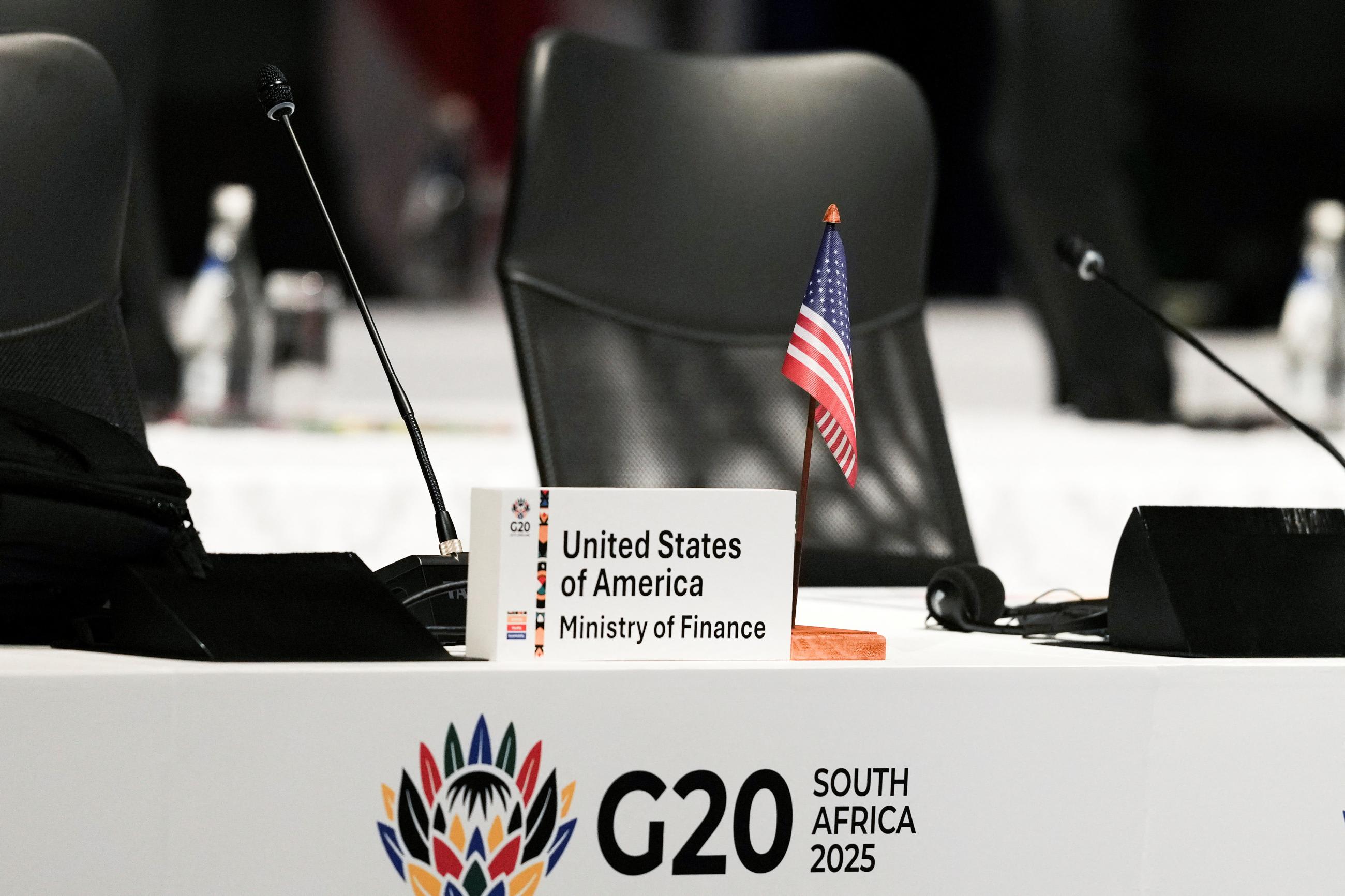 Seating signage for the U.S. delegation is displayed ahead of the opening plenary session of the&nbsp;G20&nbsp;Finance and Central Bank Deputies Meeting, in Cape Town, South Africa, on February 24, 2025.