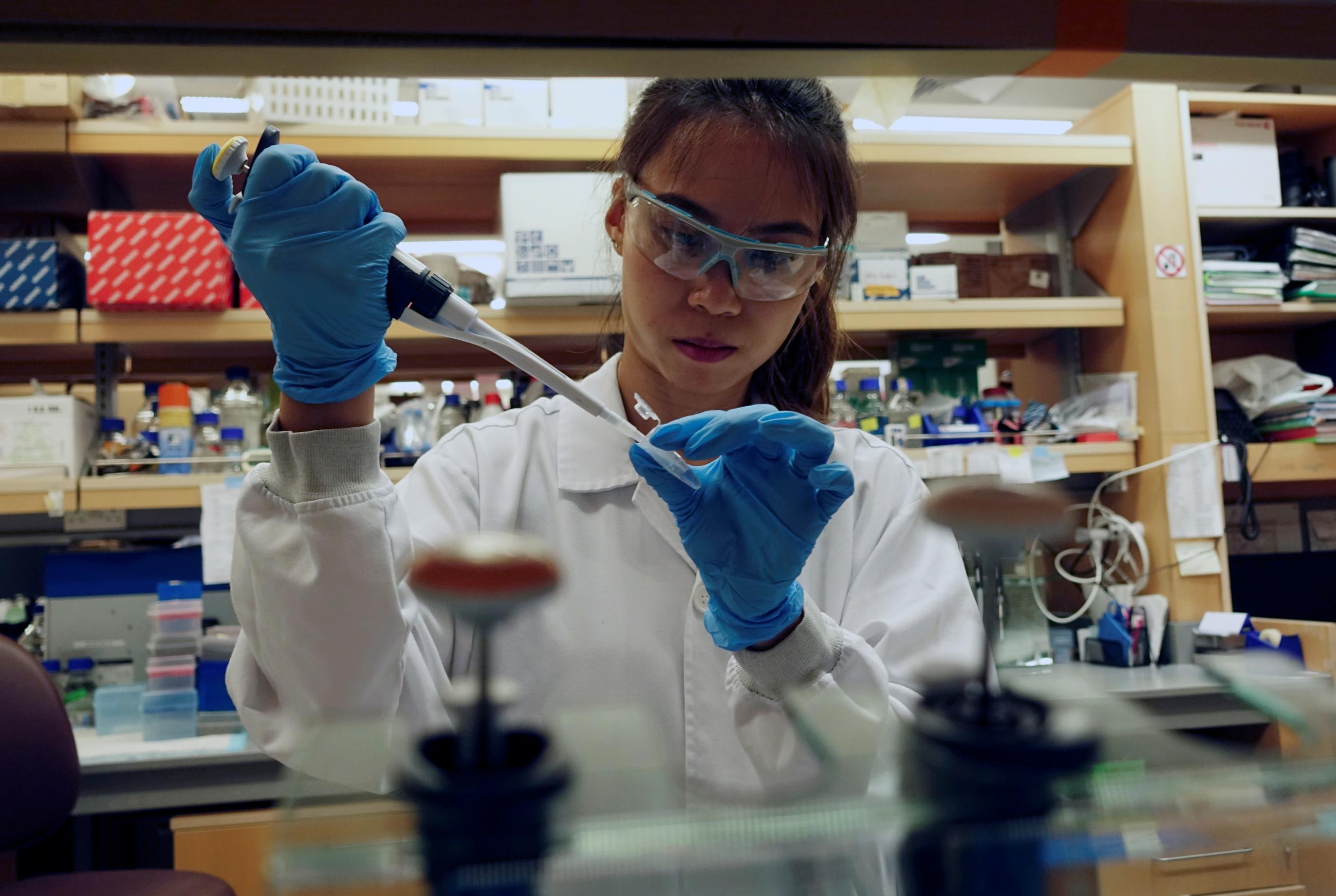A researcher works in a lab testing&nbsp;vaccines against COVID-19, in Singapore March 23, 2020.