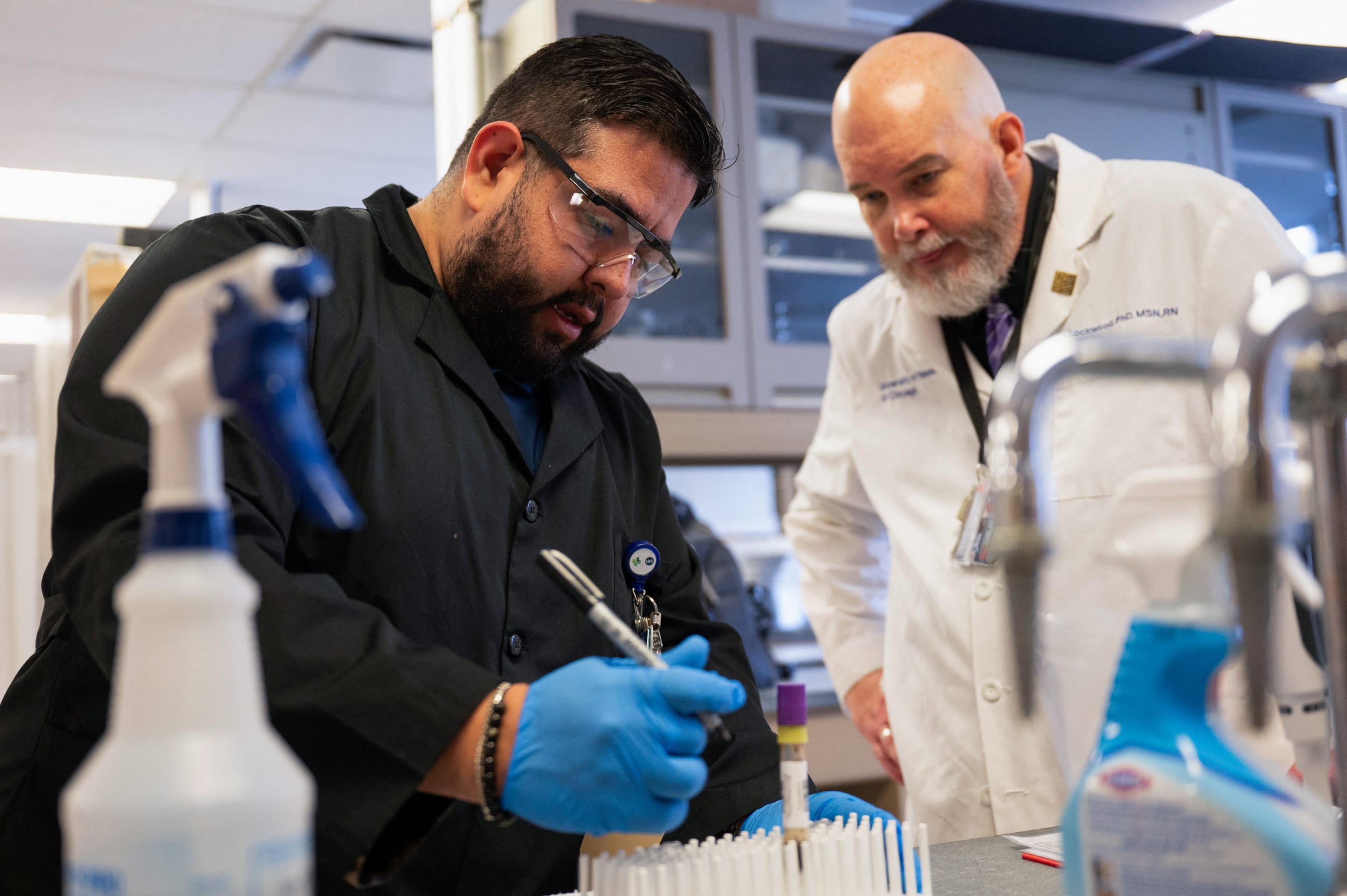 A professor at the University of Illinois Chicago College of Nursing, works with a research specialist, as a part of a study under a RO1 federal grant, in Chicago, Illinois, on February 28, 2025.