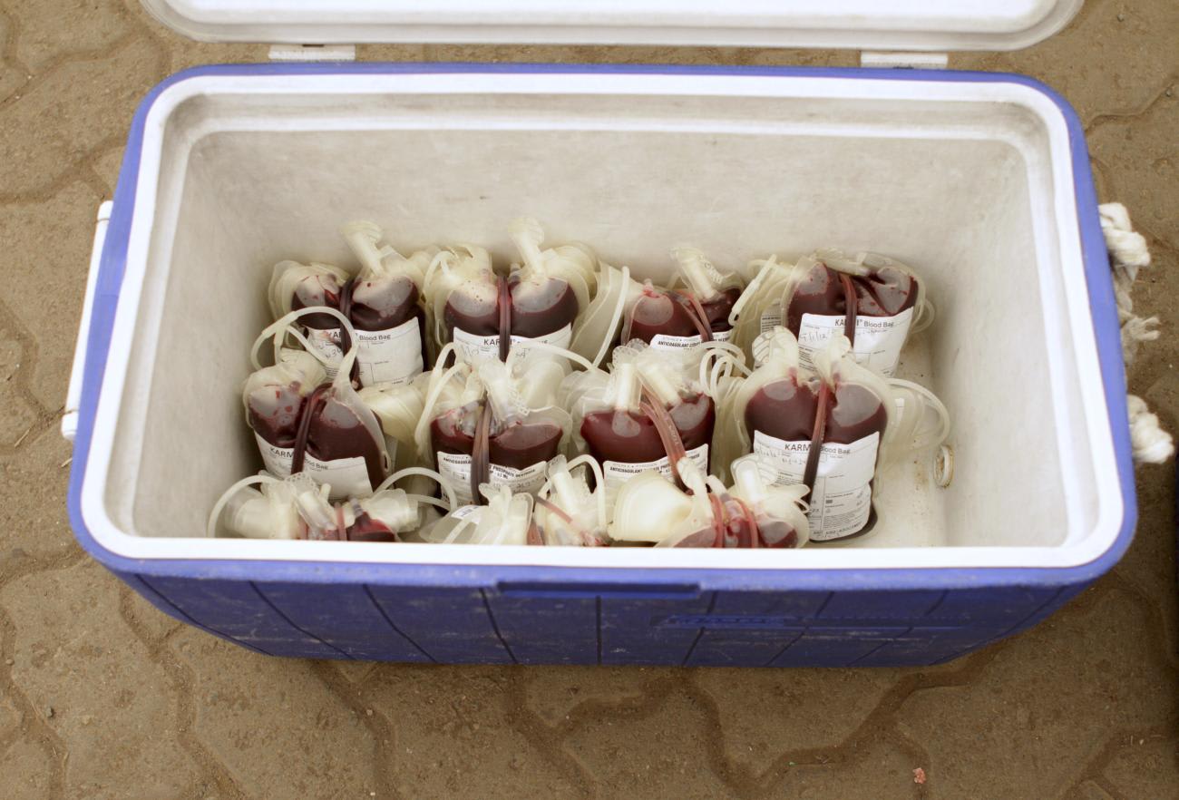 Plastic bags filled with donated&nbsp;blood&nbsp;are stored in a cooler at a donation center, in Nairobi, Kenya, on January 9, 2012. 
