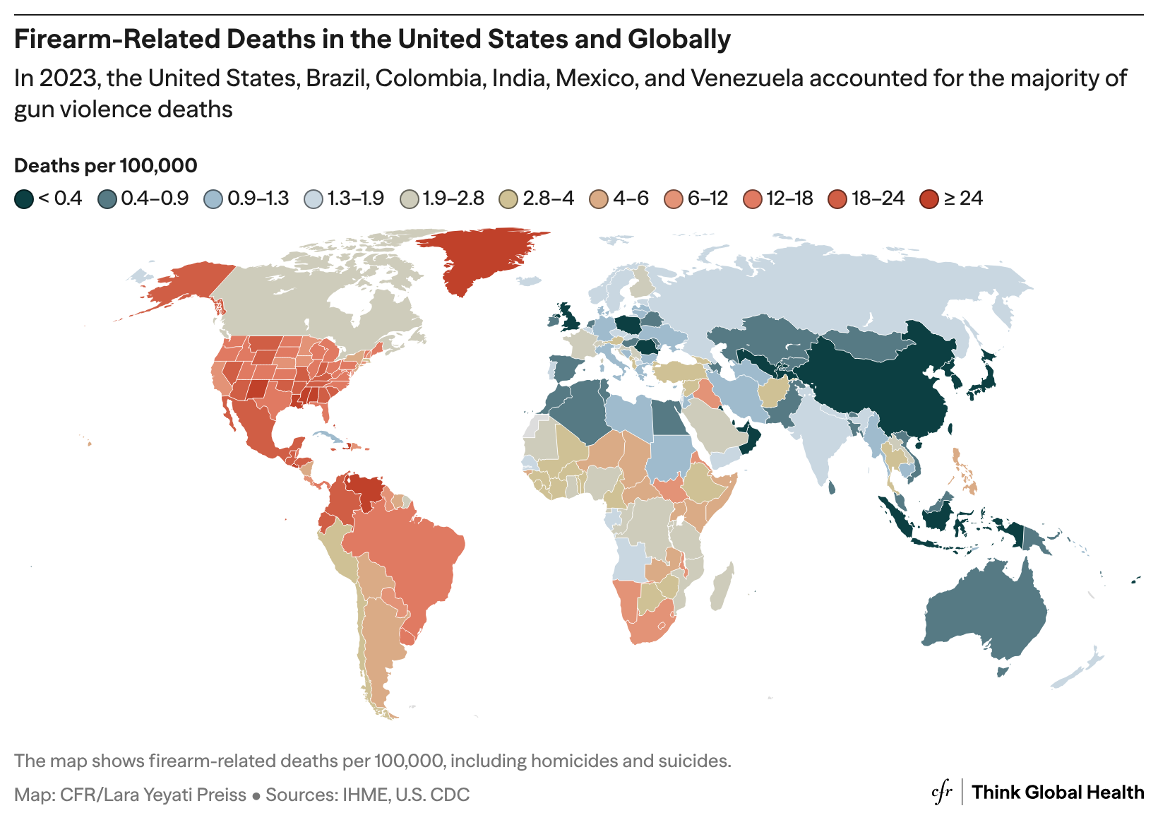 The map shows firearm-related deaths per 100,000, including homicides and suicides.
