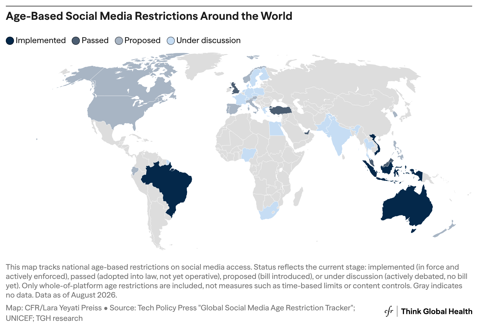 A map showing age-based social media restrictions around the world, indicating that countries such as Brazil, Indonesia, and Vietnam have implemented restrictions.