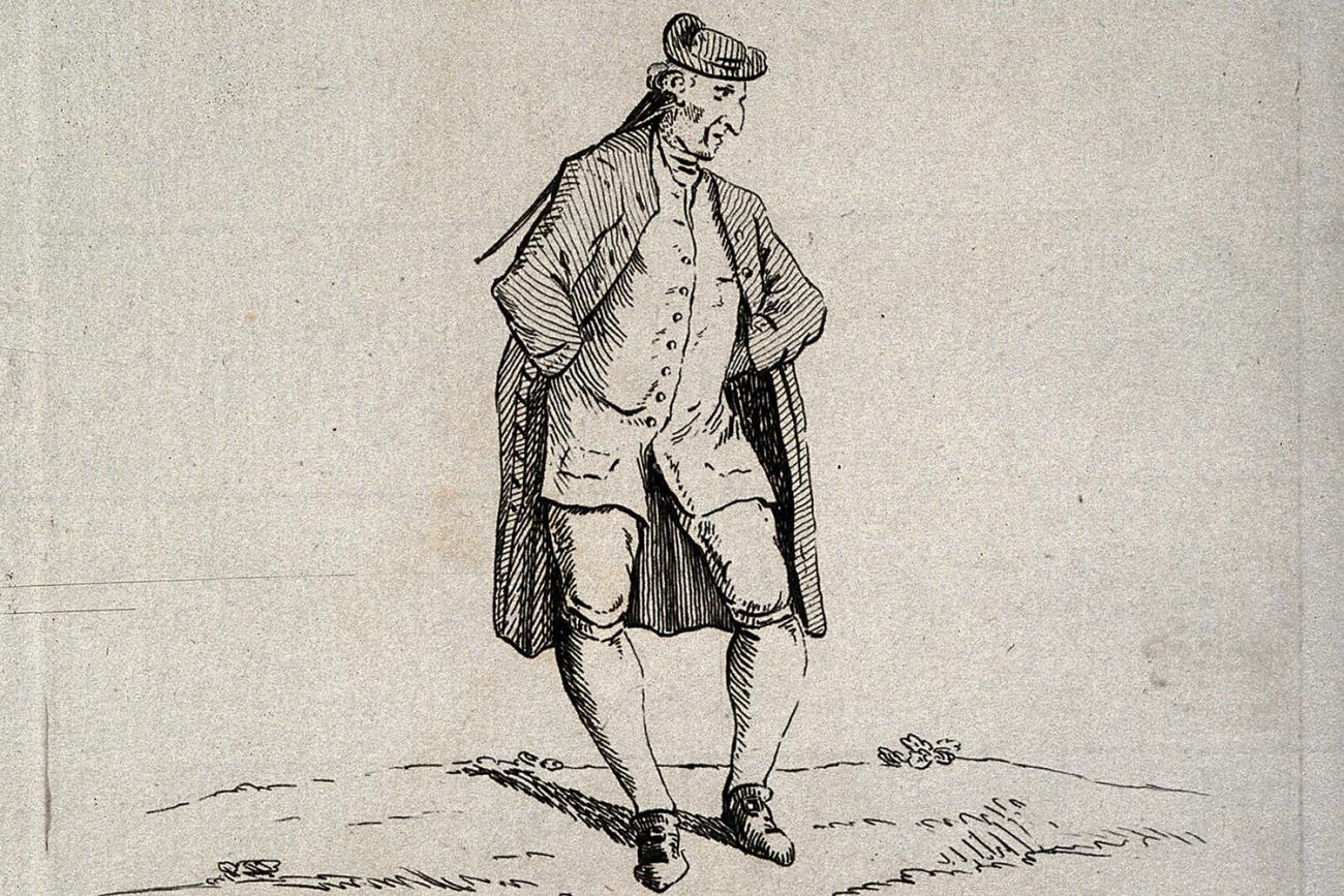 The etching shows a fashionably dressed man standing in a peculiar way.