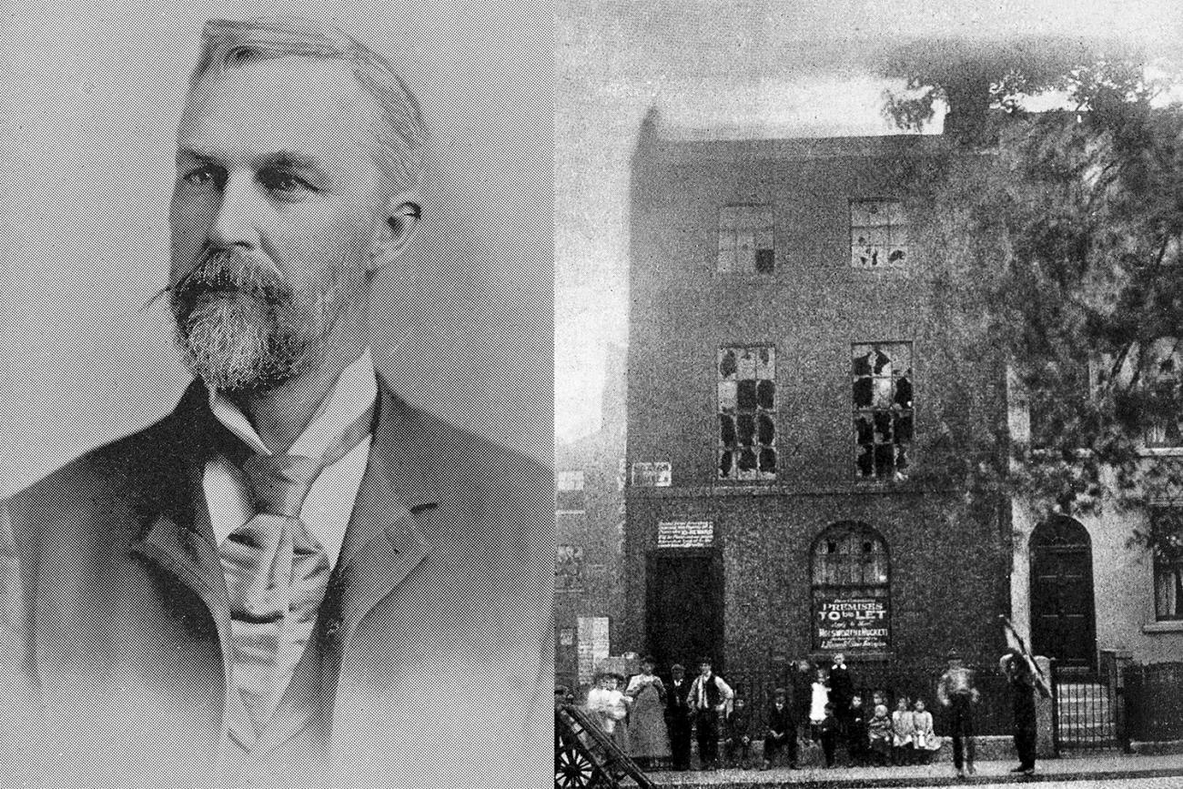 The image of Huntington shows a smartly dressed Victorian-era gentleman with a short beard and long moustache. The picture of the Parkinson’s house shows it at a time when it was apparently run down, its windows broken out, a large sign in the window that says “Premises to Let,” and a parade of street urchins hanging out front.