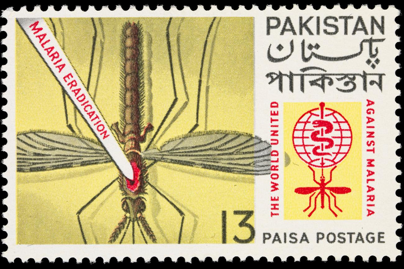 The stamp has a large mosquito being pierced by the words: Malaria eradication. Also on the stamp are the words, the world united against malaria : 13 paisa postage / Pakistan.