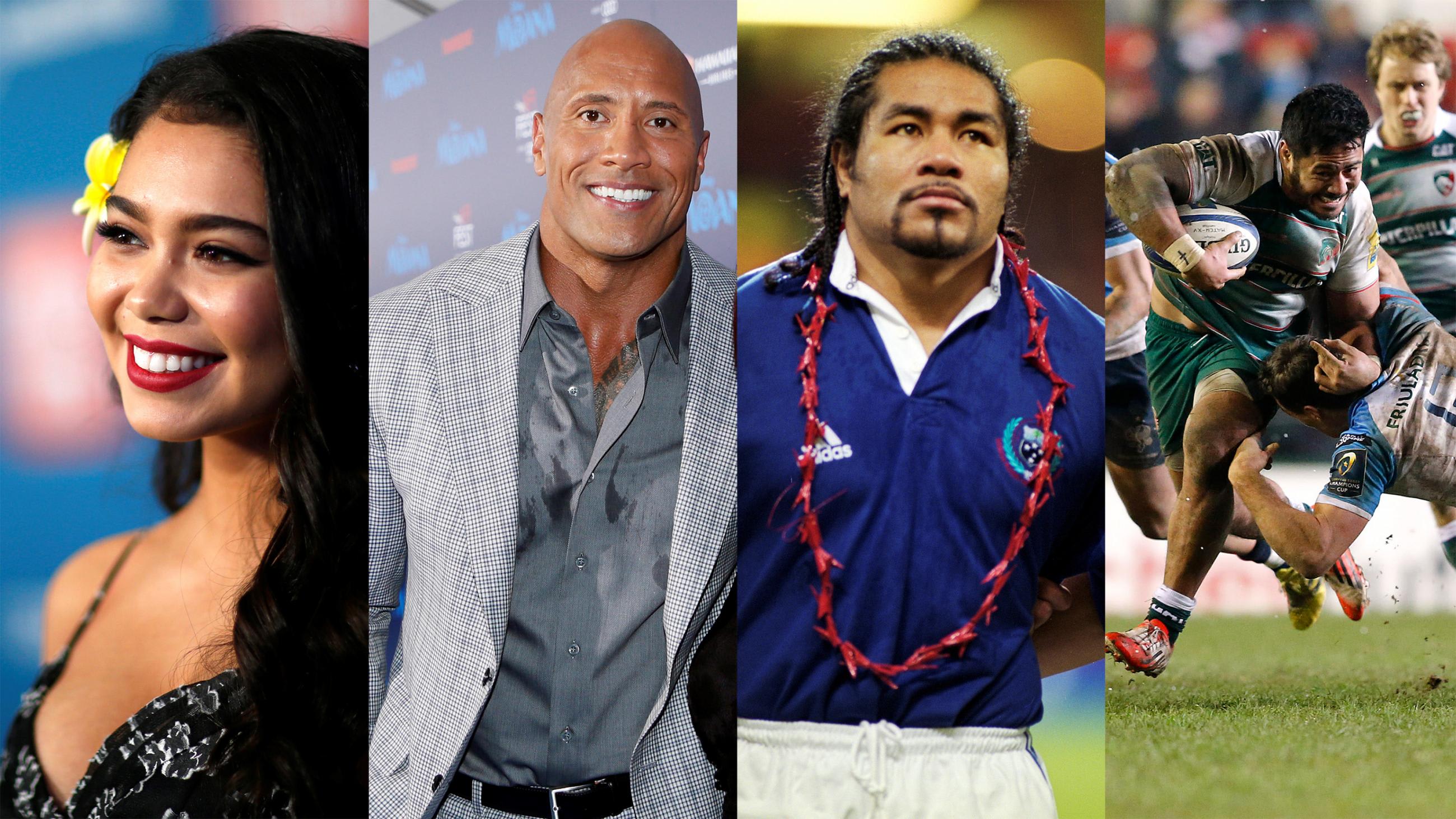 The photo is a montage of the four celebrities, two on the carpet and two on the pitch.