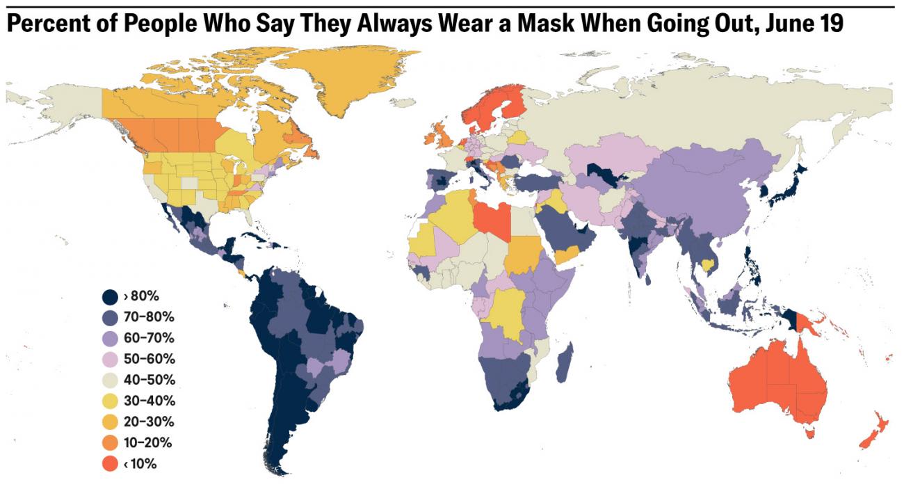 The image shows a map of the world with countries colored according to their mask use prevalence.