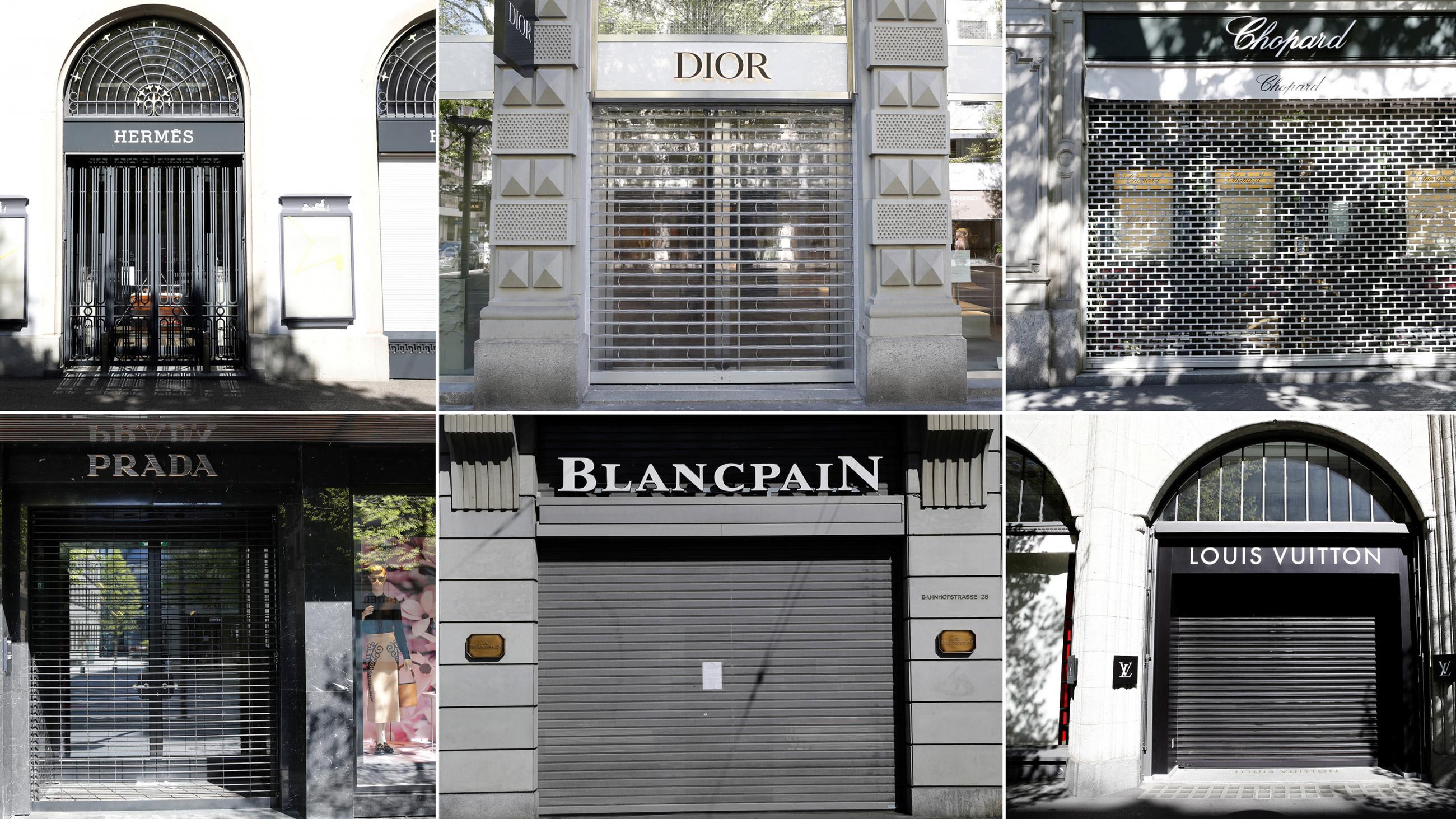 The picture shows from the closed-up front of shops like Cartier, Chanel, Harry Winston, Hermes, Dior, Chopard, Prada, Blancpain and Louis Vuitton.