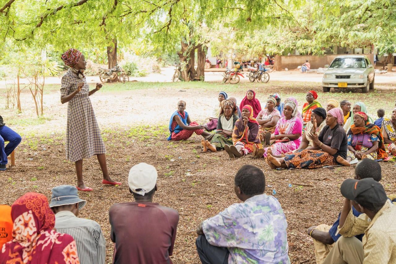 Lea lectures a group of people on sickle cell disease