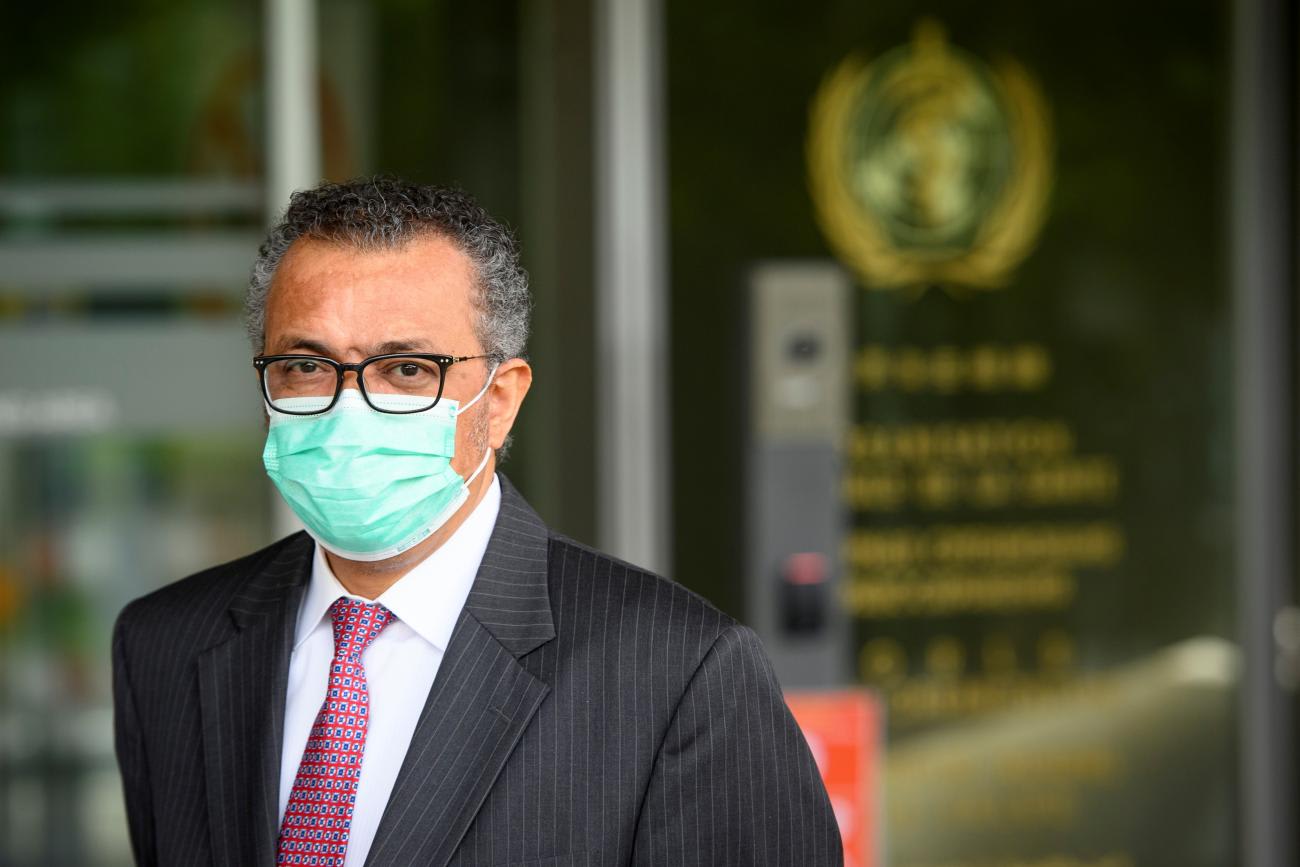 WHO Director-General Tedros Adhanom Ghebreyesus wearing a COVID mask at the 74th World Health Assembly at the WHO headquarters in Geneva, Switzerland, on May 24, 2021.