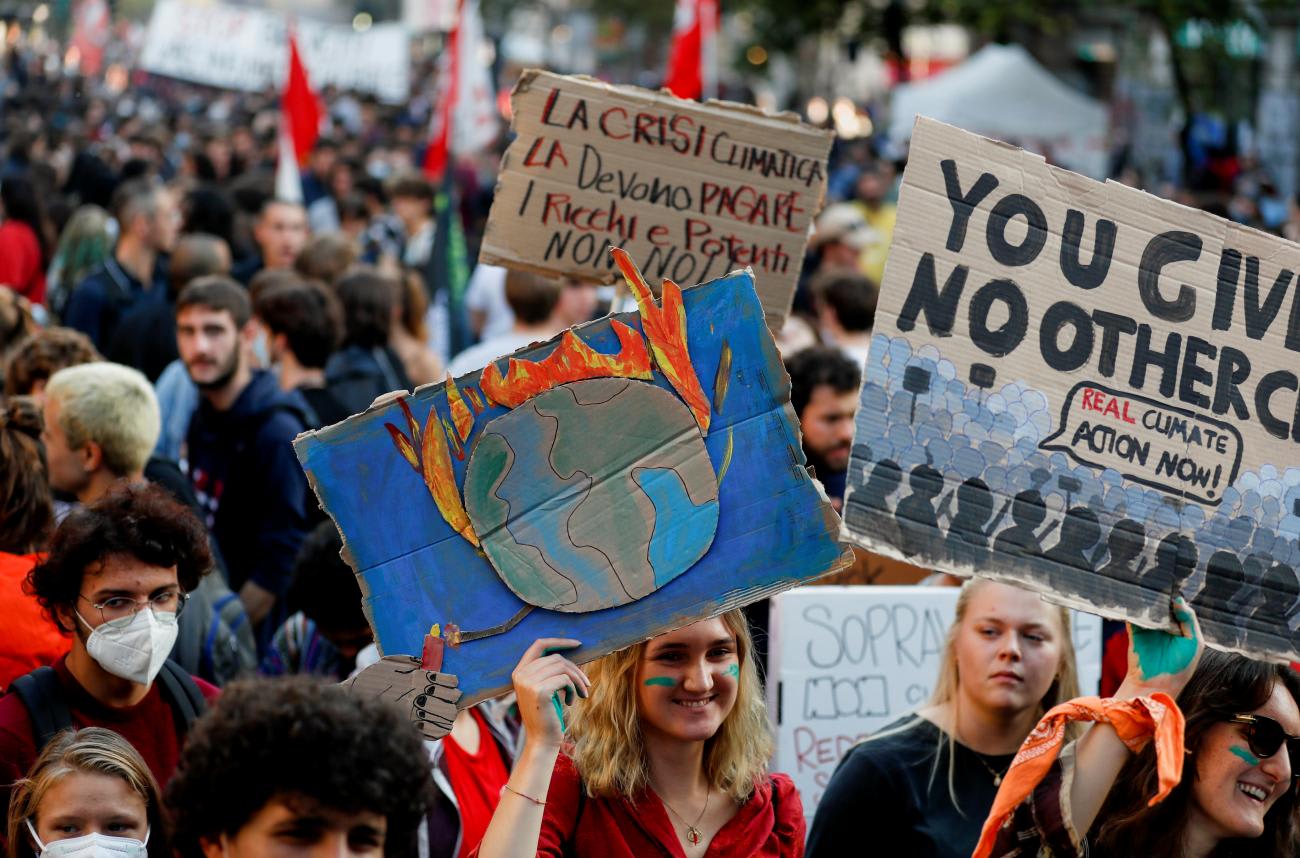 Demonstrators protest during the G20 Summit in Rome, Italy, on October 30, 2021.