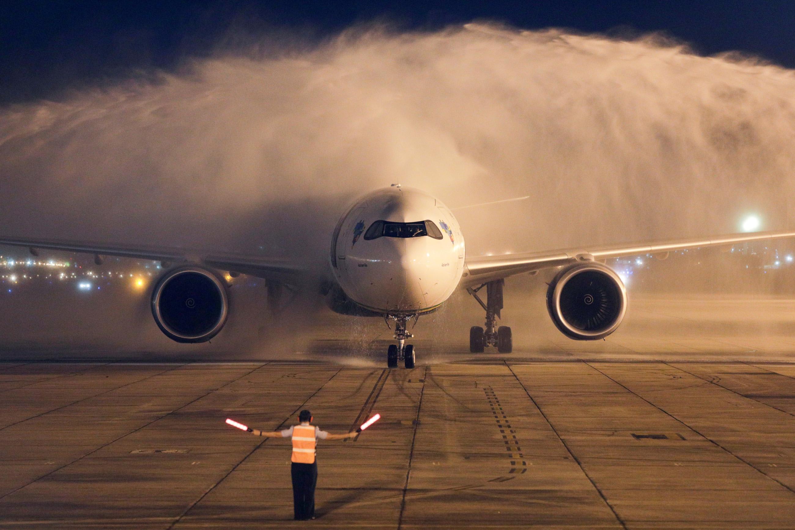 View of the nose of an airplane carrying two million doses of AstraZeneca/Oxford COVID-19 vaccines from India lands at Galeao Air Base in Rio de Janeiro, Brazil, on January 22, 2021.