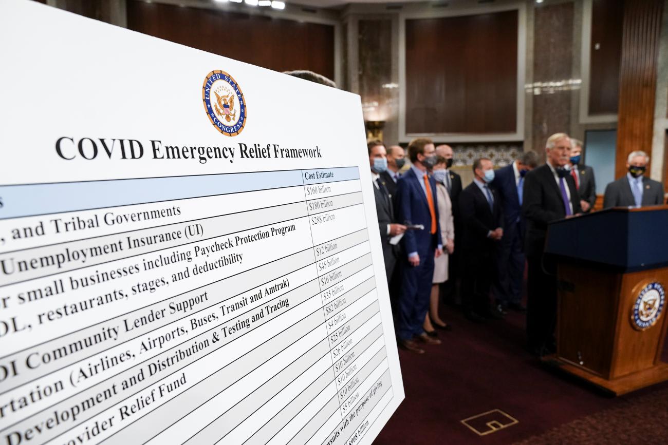 A display is seen as bipartisan members of the Senate and House gather to announce a framework for fresh coronavirus disease (COVID-19) relief legislation at a news conference on Capitol Hill in Washington on December 1, 2020.