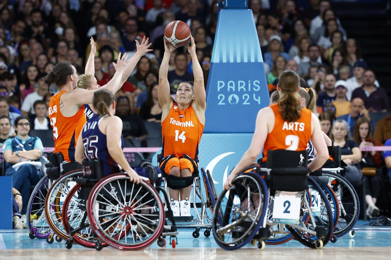 The Netherlands and United States women’s wheelchair basketball teams compete in the Paralympics Women’s Gold medal match at the Bercy Arena.