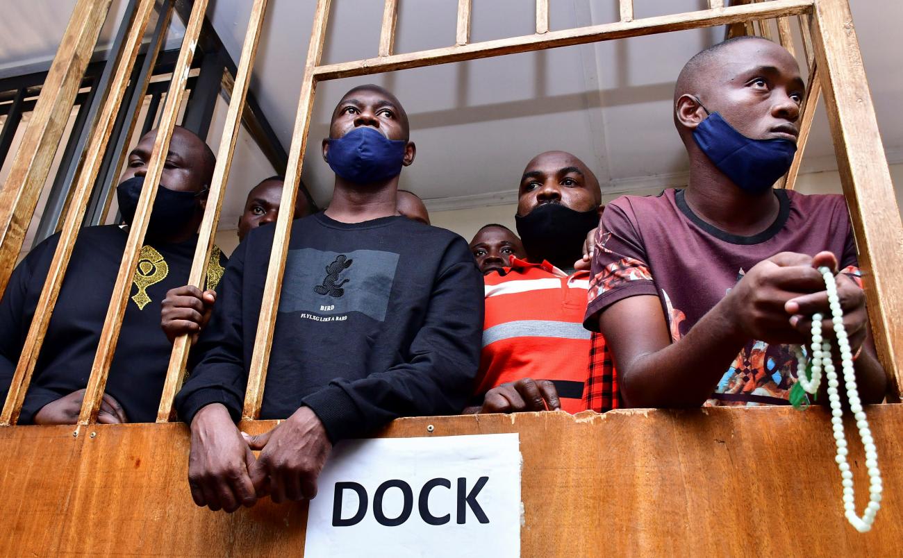 Musician Ali Bukeni, alias Nubian Li, a co-singer to Robert Kyagulanyi also known as Bobi Wine, stand in the dock at the General Court Martial.
