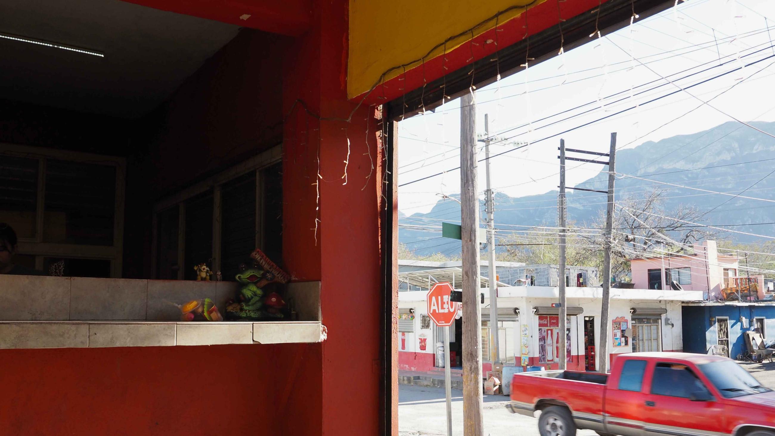 A snapshot of town from the inside of a taco shop, in Hidalgo, Nuevo León, Mexico, on January 2, 2023.