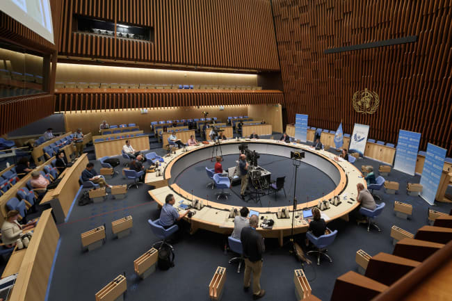General view during a press conference of the World Health Organization (WHO) organised by the Geneva Association of United Nations Correspondents (ACANU) amid the COVID-19 outbreak, caused by the novel coronavirus, at the WHO headquarters in Geneva Switzerland July 3, 2020. 